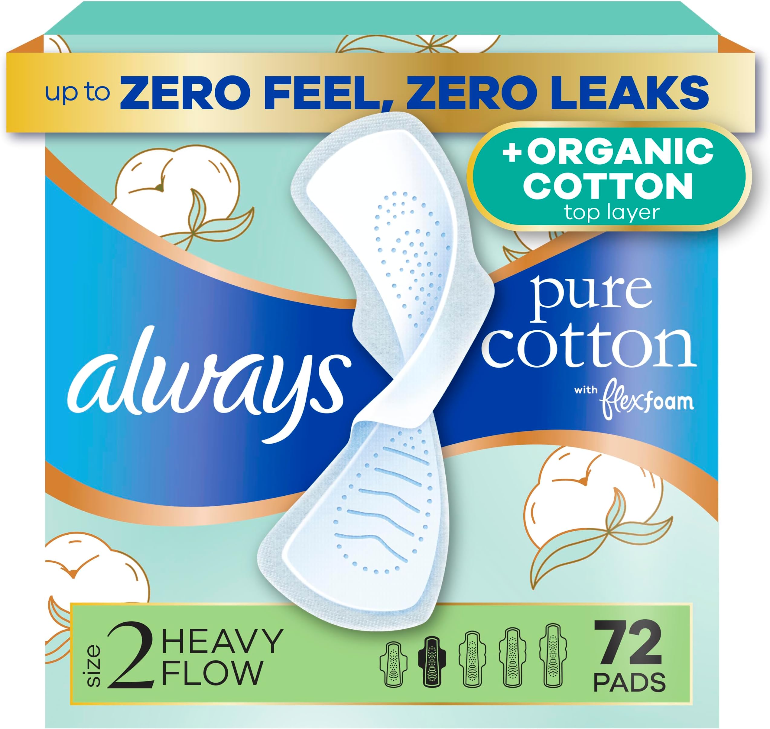 Pure Cotton, Organic Cotton top Layer Pads for Women with Wings, Feminine Care, Period, Menstrual, Sanitary, Postpartum, toallas sanitarias para Mujer, Size 2 Heavy Absorbency, Unscented, 72ct