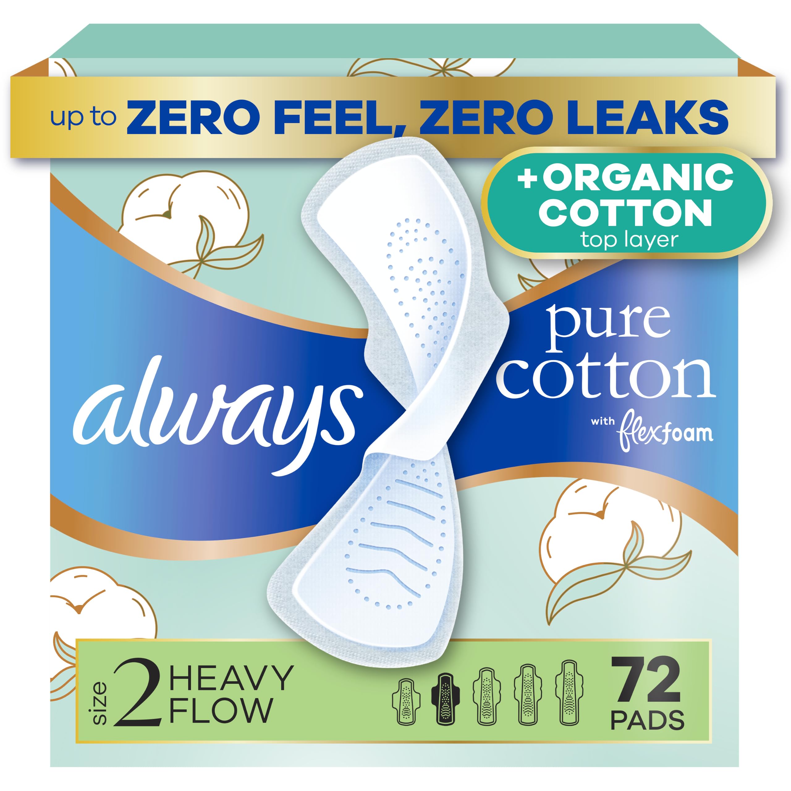 Always Pure Cotton, Organic Cotton top Layer Pads for Women with Wings, Feminine Care, Period, Menstrual, Sanitary, Postpartum, toallas sanitarias para Mujer, Size 2 Heavy Absorbency, Unscented, 72ct