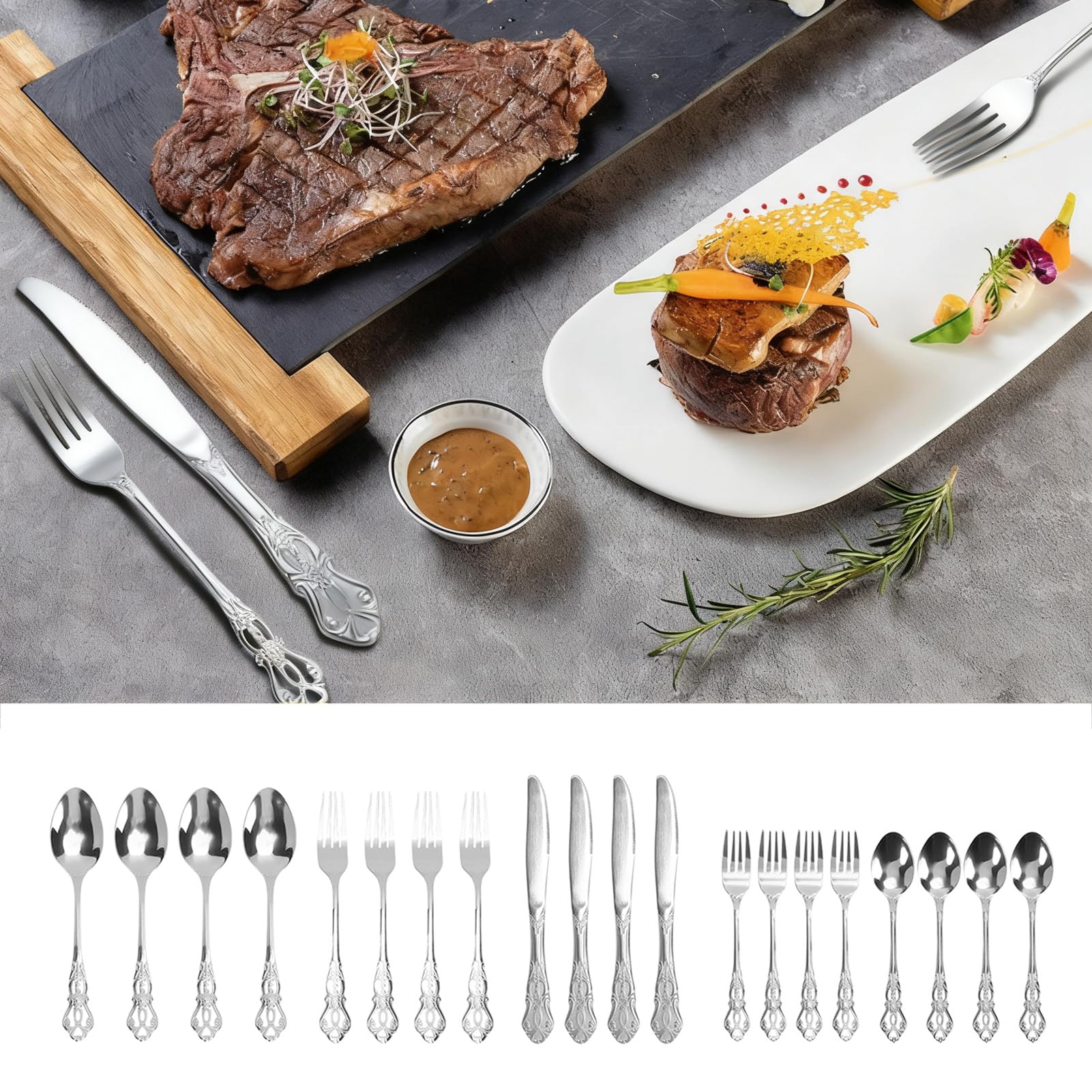 Juego de Cubiertos, Juego de Cubiertos de Acero Inoxidable Vintage Apto para Lavavajillas, 4 Tenedores para Cena, 4 Cucharas para Cena, 4 Tenedores para Ensalada, 4 Cucharas de (Plata)