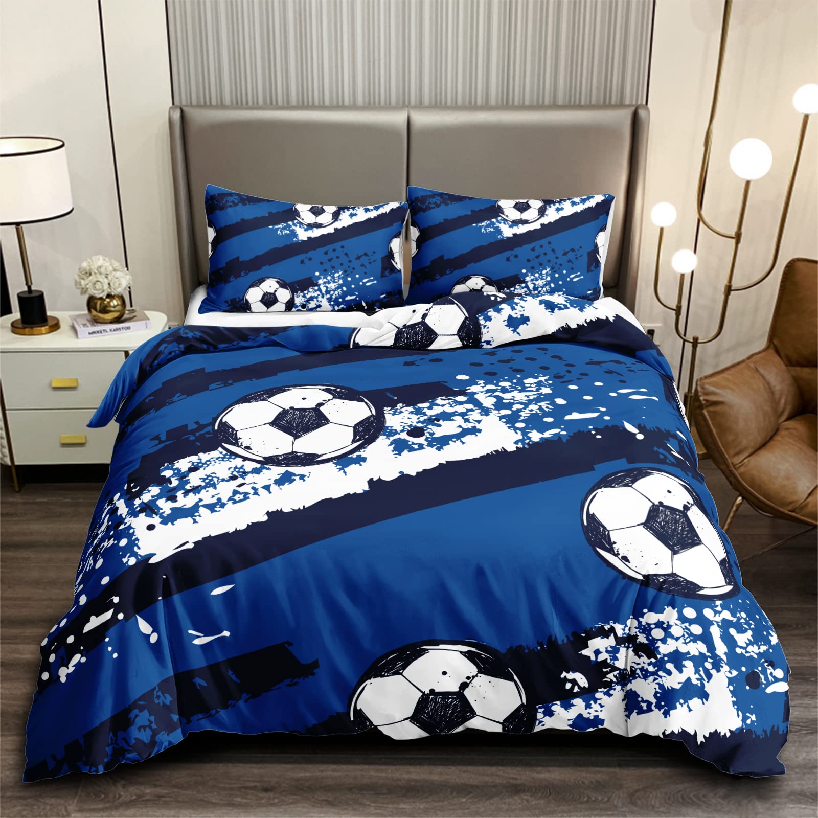 HOSIMA Fußball Bettwäsche 155x220cm für Kinder, Jungen Teenager Sport Bettbezug-Set für Einzelbett, Moderne Bedruckte Bettbezüge mit Reißverschluss und 80x80cm Kissenbezug