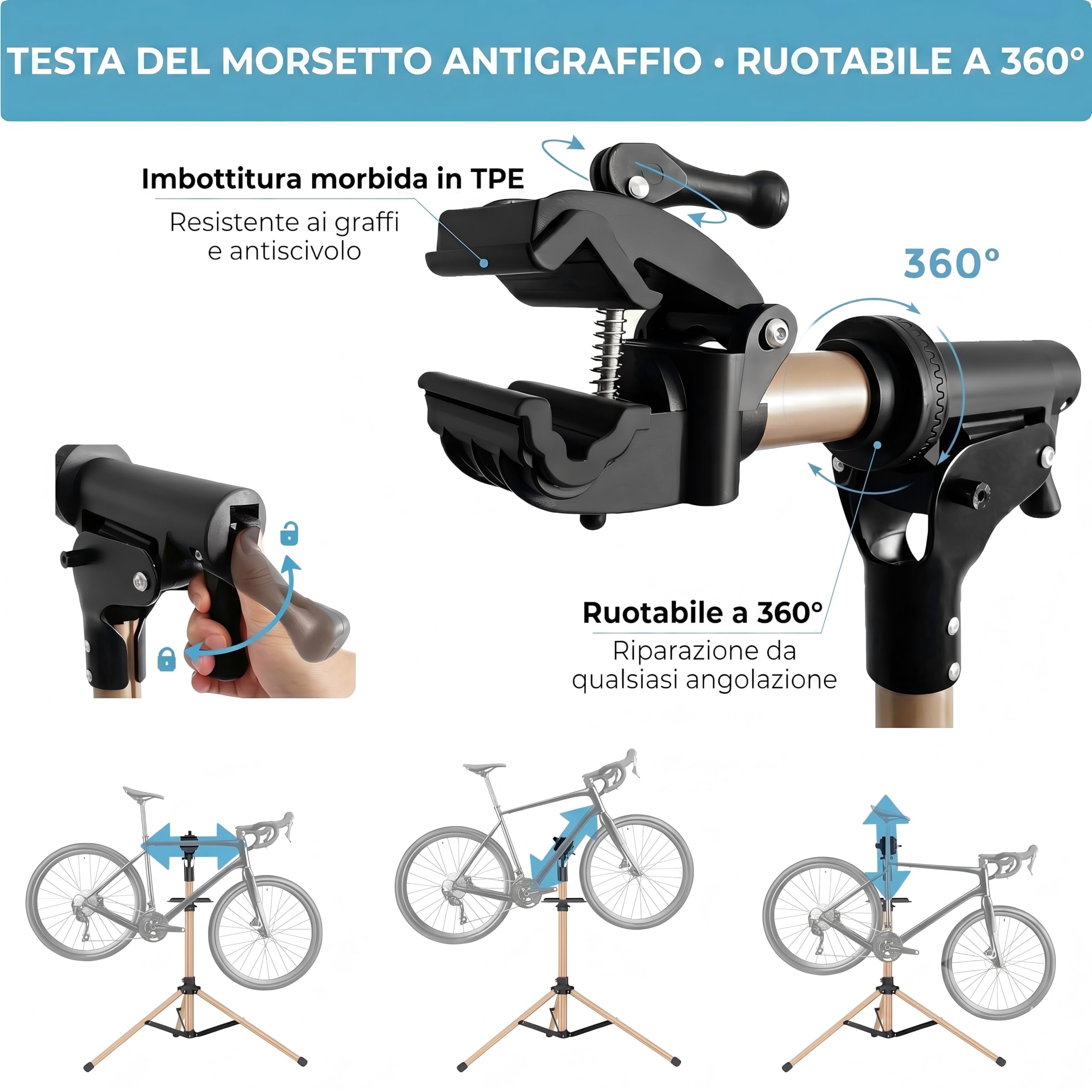 Cavalletto 3 Gambe Alluminio Riparazione e Montaggio Bici, Completamente Pieghevole, Doppio Blocco Sicurezza, Compatto, Ultraleggero, Ampio Vassoio Magnetico