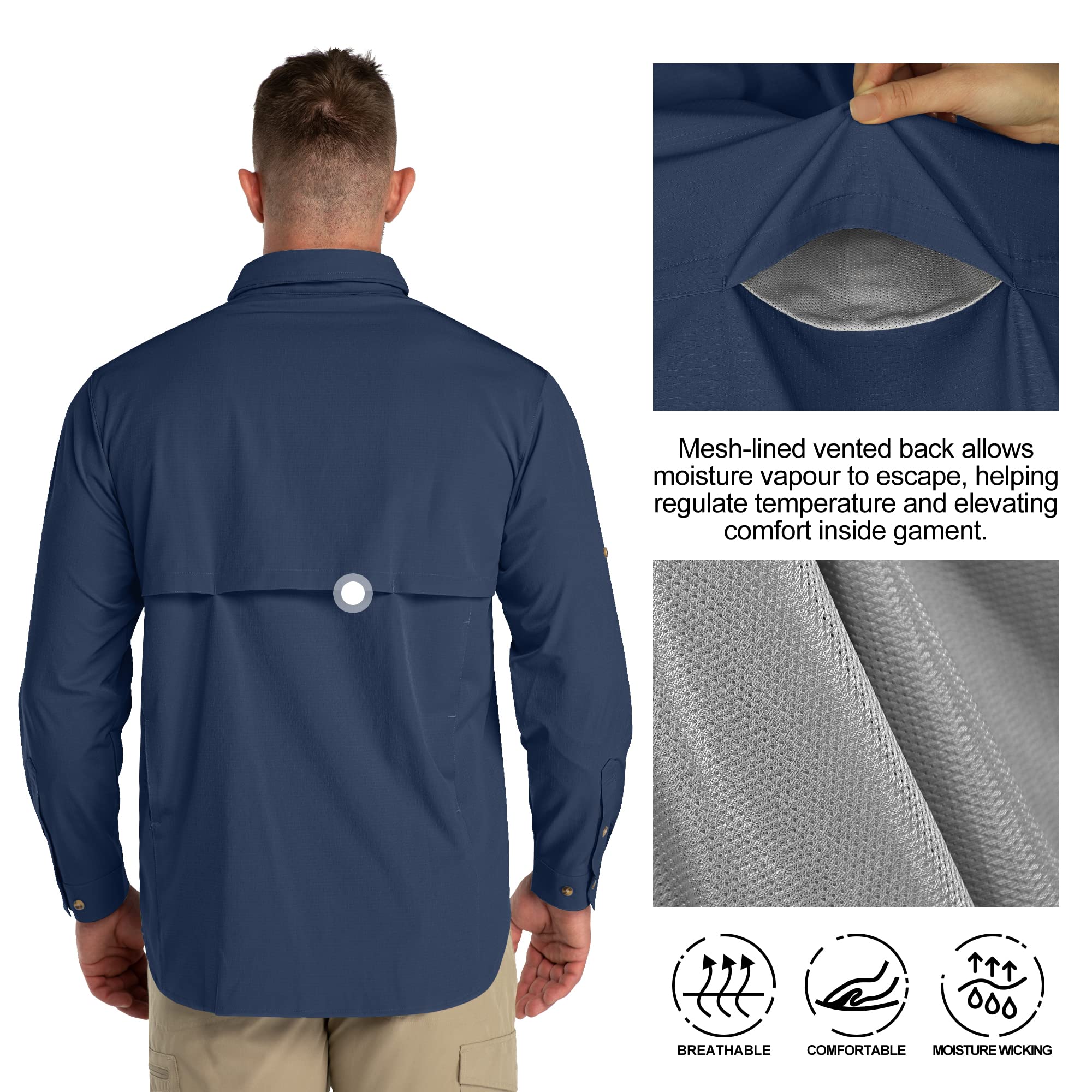 33,000ft Safari Camisa deportiva de manga larga para hombre, UPF50+, protección UV, transpirable, con botones, con bolsillos, para senderismo, pesca, viajes