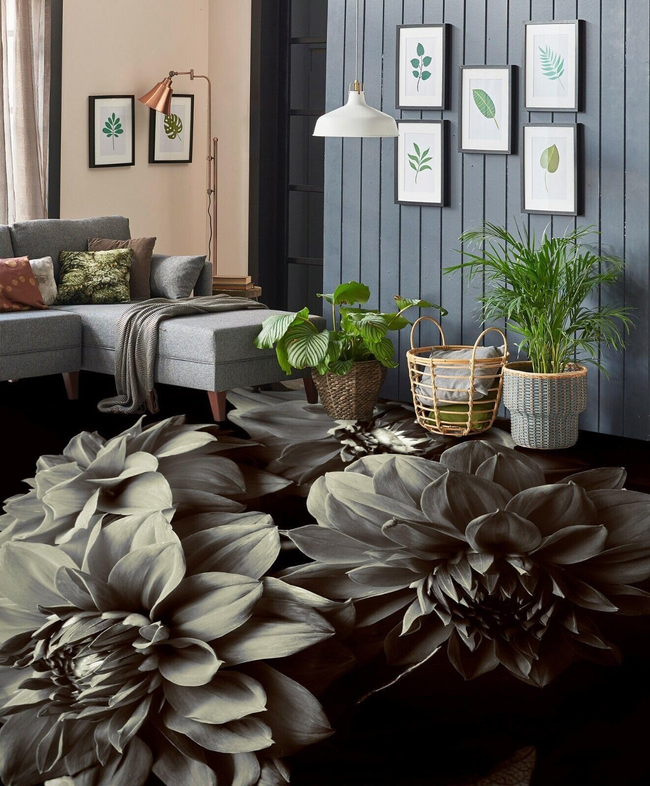 Cartel De Decoración De Piso Murales de papel pintado de suelo de peonía gris 3D, 250 * 175 cm Murales Pegatinas Cuarto de baño Vinilo autoadhesivo Papel tapiz