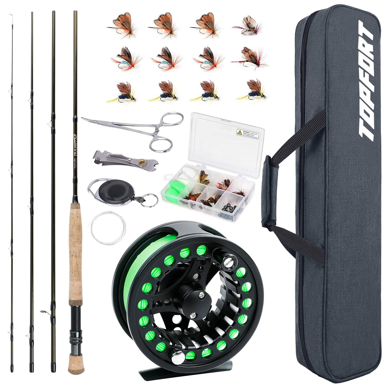 TOPFORT Fly Fishing Rod and Reel Combo Starter Kit, 4 Piece Lightweight Ultra-Portable Graphite Fly Rod Complete Starter Package with Carrier Bag
