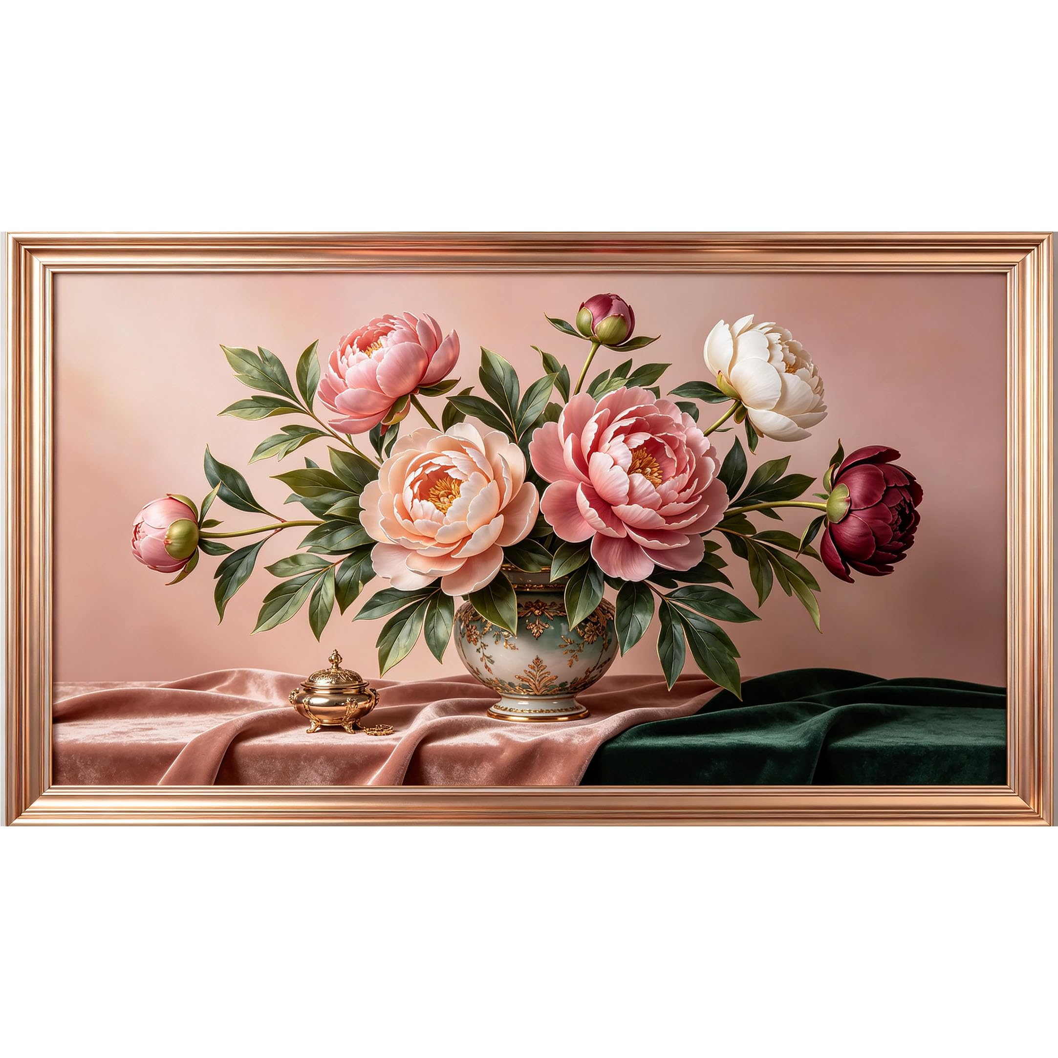 QZLITHOTIC 50x90cm3D Framed Wall Art， Botanical Peony Flower Vase Oil Painting Style Self‑Adhesive Mural， Water‑Activated Peel & Stick Fabric Decor Wall Decal for Bedroom Living Room