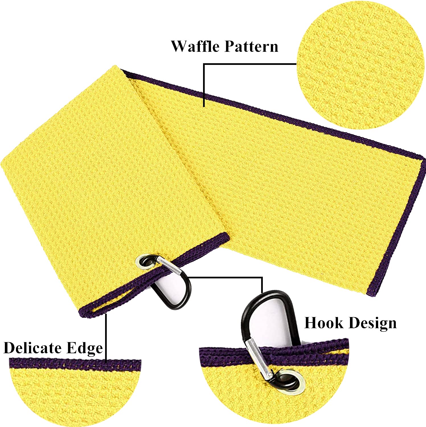 VIVIDLY Paquete de 2 toallas de golf de triple pliegue, tela de microfibra de alta calidad, patrón de gofre con mosquetón negro resistente, toallas de golf amarillas para bolsas de golf para hombres