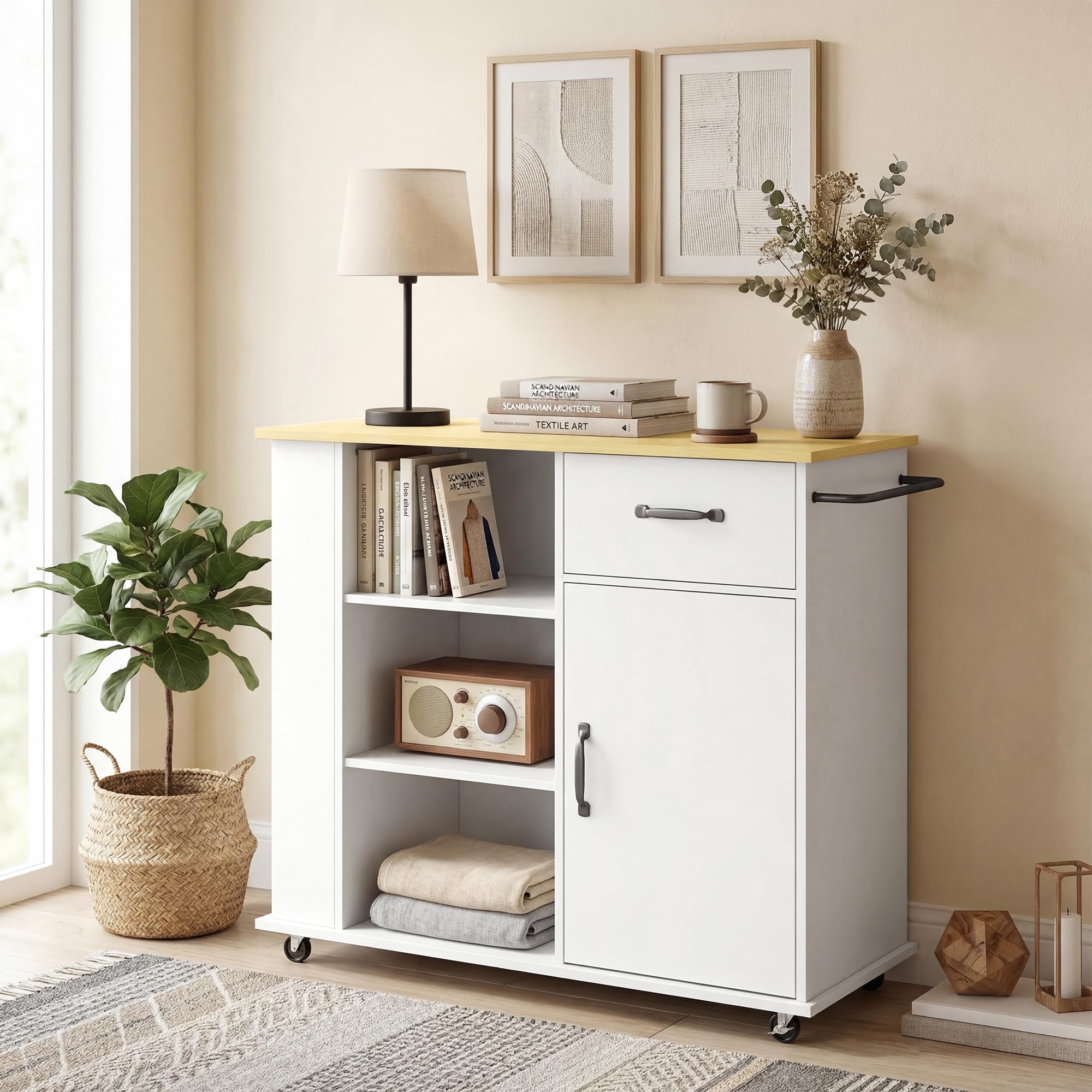 HOMCOM Carrello Cucina con 5 Ruote, Isola Cucina con Ante Soft-Close, Cassetto, Portasciugamani, 3 Portaspezie, 3 Scaffali Aperti e Ripiano Regolabile, Multiuso Salvaspazio, 96.5x38x87 cm, Bianco