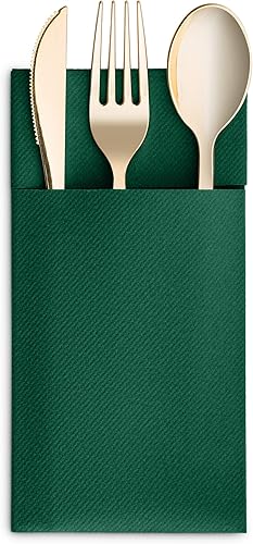 Miniatura 8 de Servilletas desechables de lino con bolsillo integrado para cubiertos, paquete de 50 servilletas de papel preplegadas verdes para cenas, bodas o