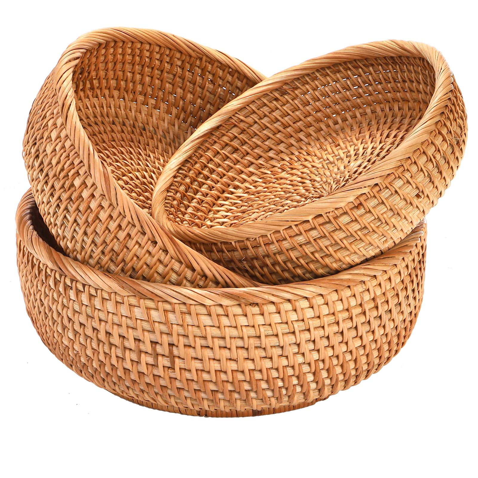 Jucoan 3 Pack Round Rattan Fruits Bread Baskets, Vintage Hand-woven Wicker Fruit Serving Baskets Bowls for Candy, Snack, Keys, Kitchen Countertop, 3 Size