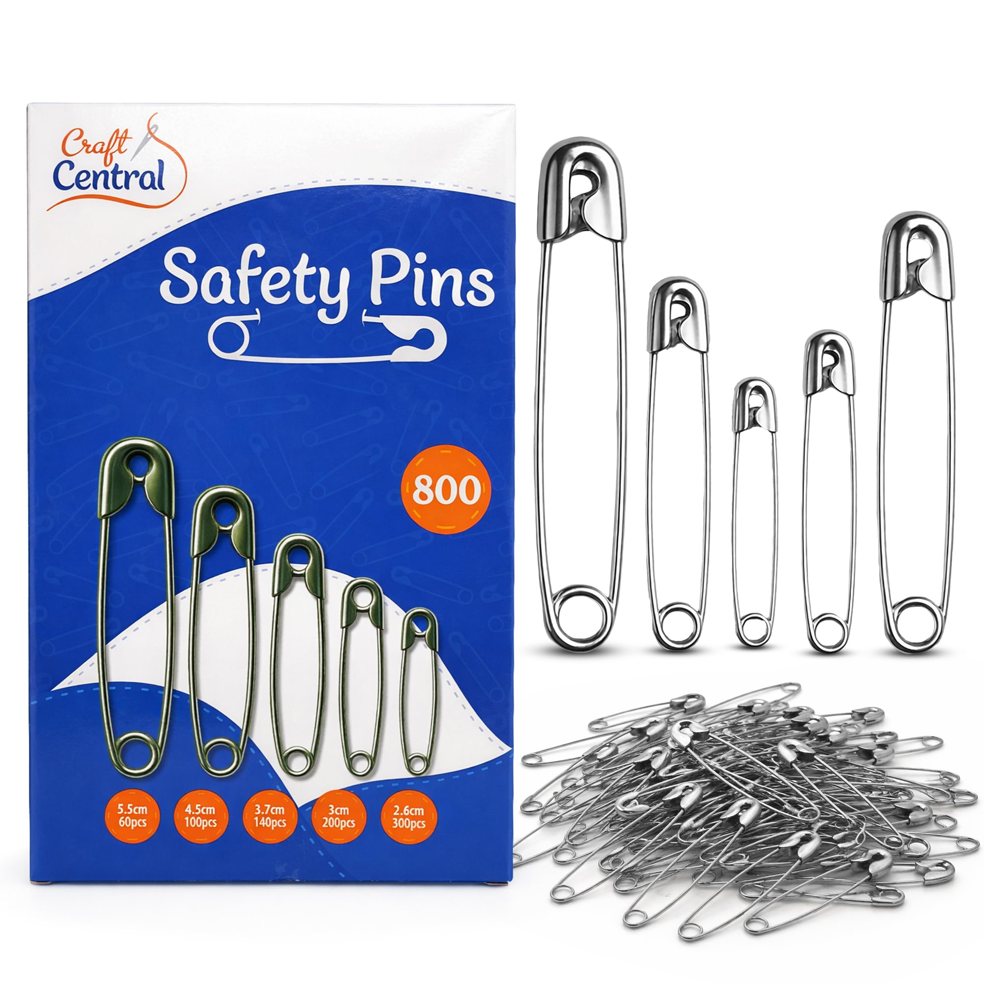 Sol Silver 800Pcs Safety Pins For Clothes – Assorted Sewing Clothing Craft Organisation Repairs Alterations Events – Five-Size Collection With Storage Box For Household, School, Workshop And Wardrobe Accessories