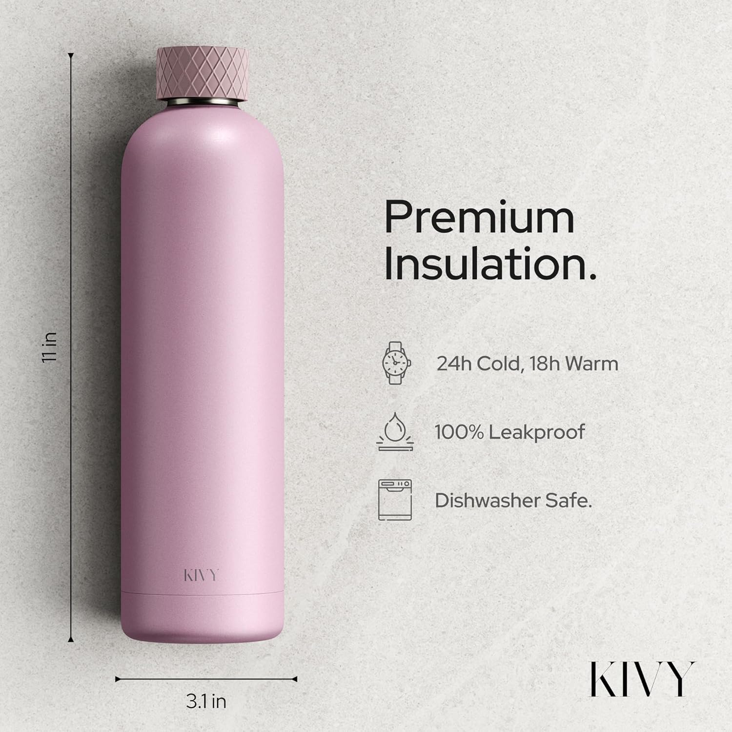 KIVY Stainless Steel Insulated Water Bottle 32oz | Slim Water Bottle for Travel, Car, Gym, Cupholder, Backpack side pocket - Slim water bottle no straw - Screw top - Image 3