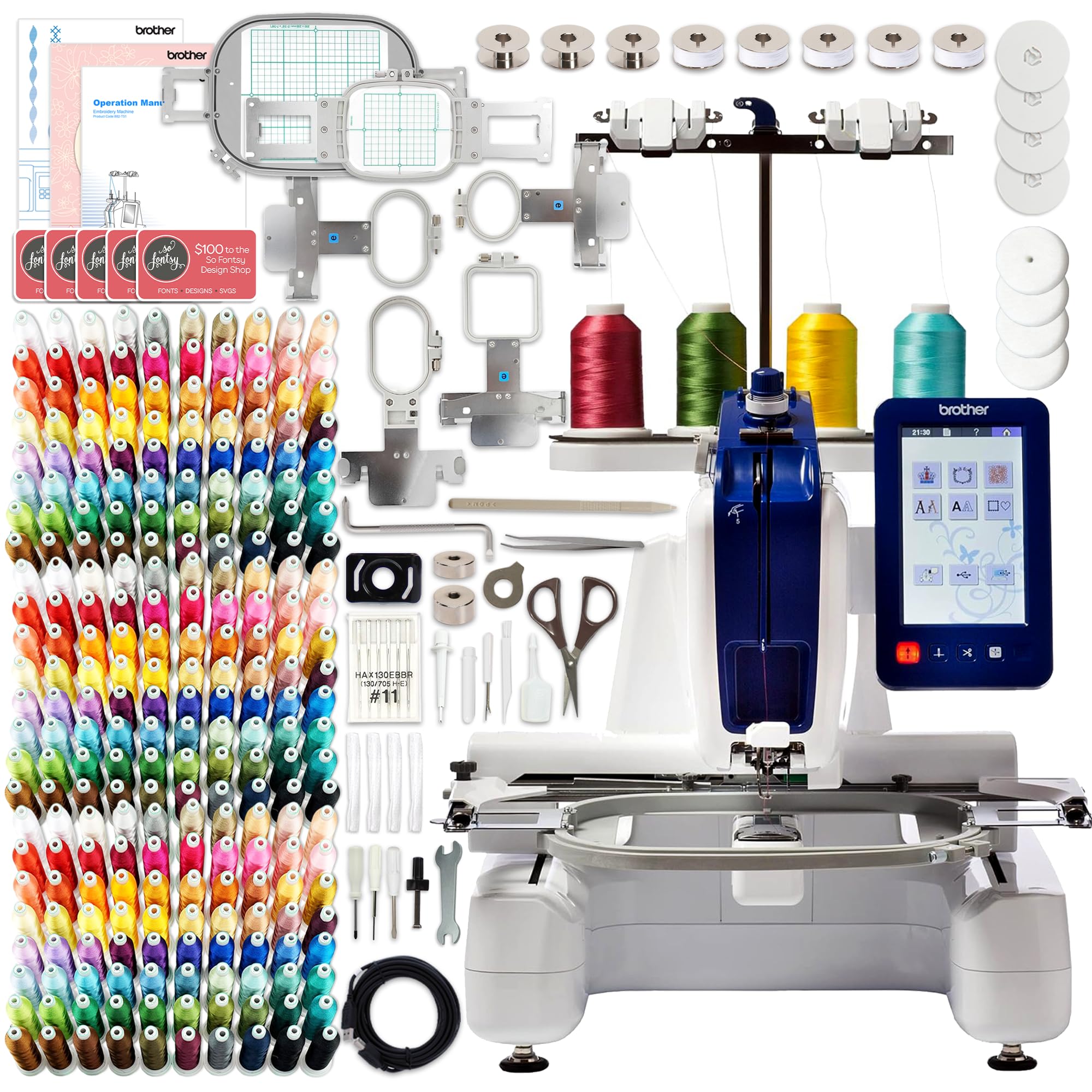 Brother Persona PRS100 Single-Needle Embroidery Machine with Deluxe Accessories, 6 Hoops & 240 Embroidery Thread Spools Bundle