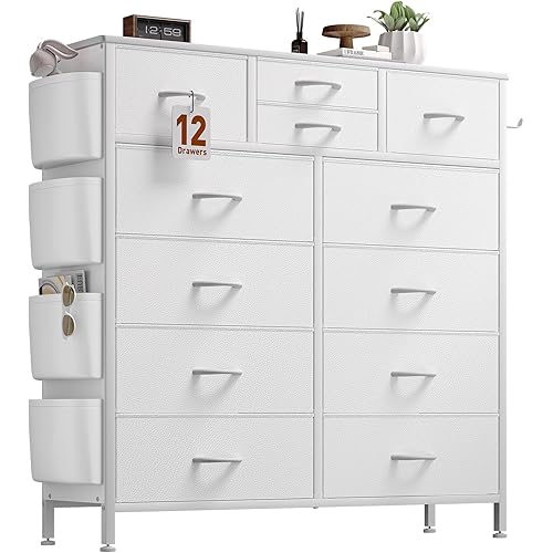 Dresser for Bedroom with 12 Drawers, Chest of Drawers with Side Pockets and Hooks, PU Fabric Dresser Drawers for Living Room, Hallway, Entryway (White)