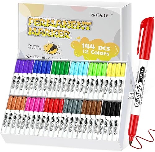 SFAIH Paquete de 144 marcadores permanentes a granel, juego de aula, 12 colores vibrantes, funciona en papel, ropa, plástico, tela, madera,