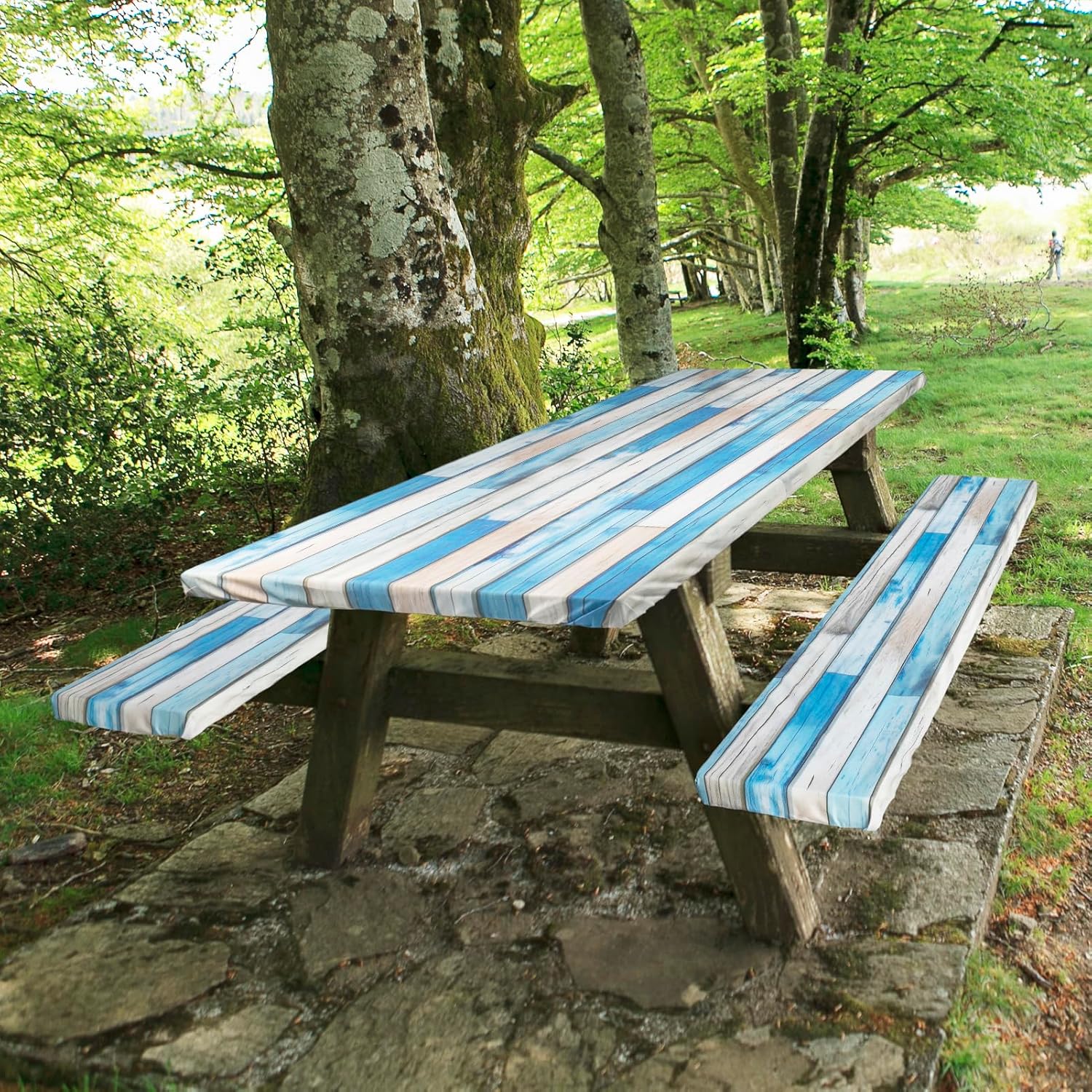 Picnic Table Cover with Bench Covers 72in Camping Essentials Reusable Waterproof Windproof Camping Tablecloth Fitted Rectangle Tables and Seats, Blue White Wood - Image 6
