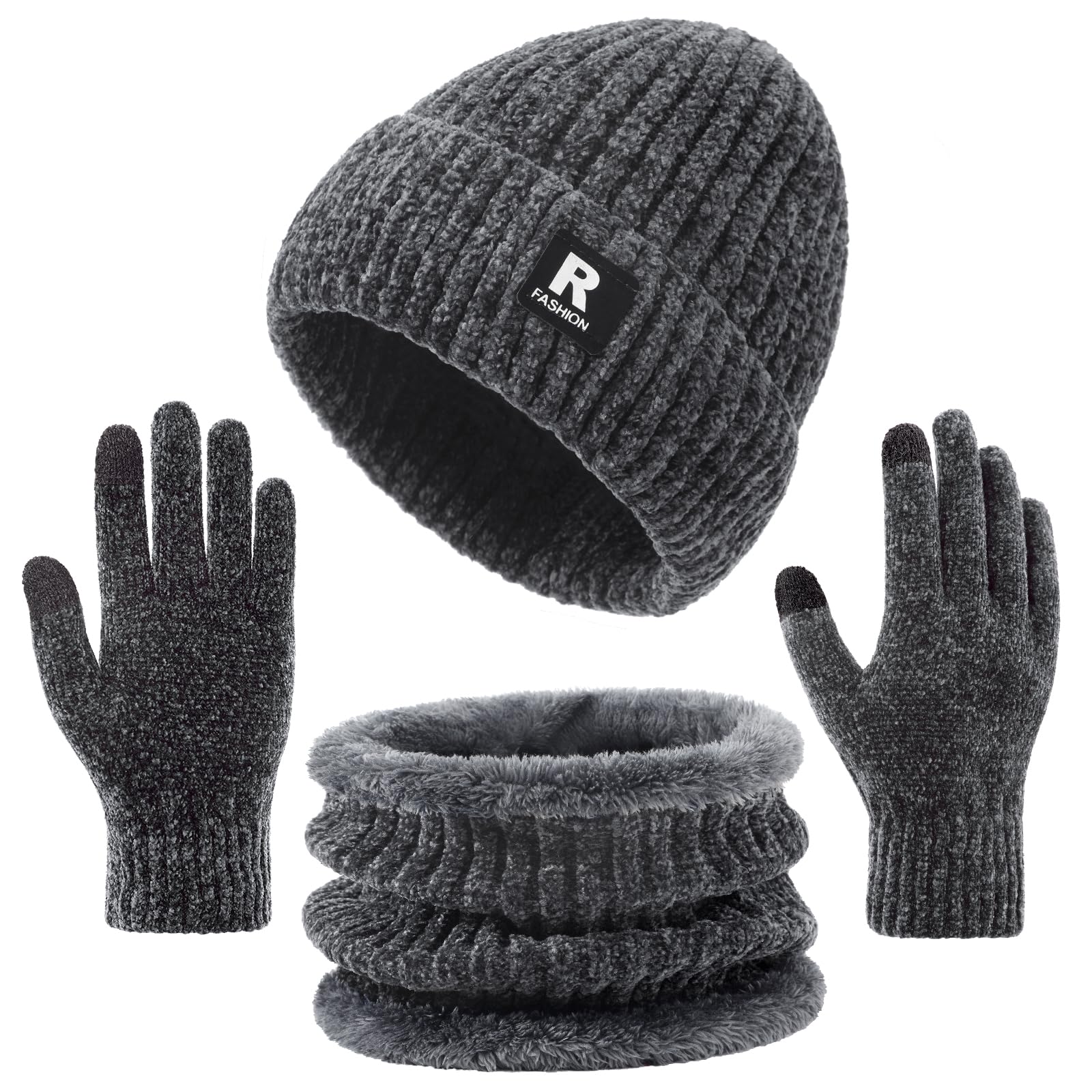 Winter Beanie Hat Circle Scarf Gloves Set for Men Women, Thick Warm Chenille Skull Cap Touchscreen Gloves Neck Warmer-image-39
