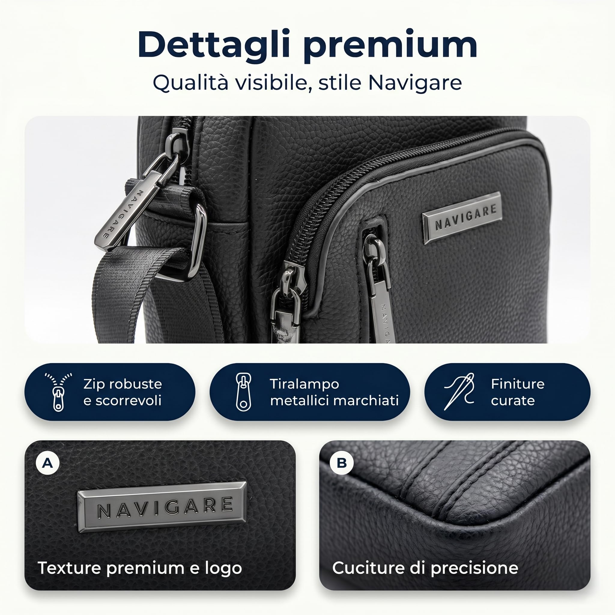Navigare BORSELLO UOMO TRACOLLA – Borsello Uomo in Ecopelle con Tracolla Regolabile, 2 Tasche con Zip e Scomparti Interni, Stile Elegante e Casual per Lavoro, Viaggio e Tempo Libero