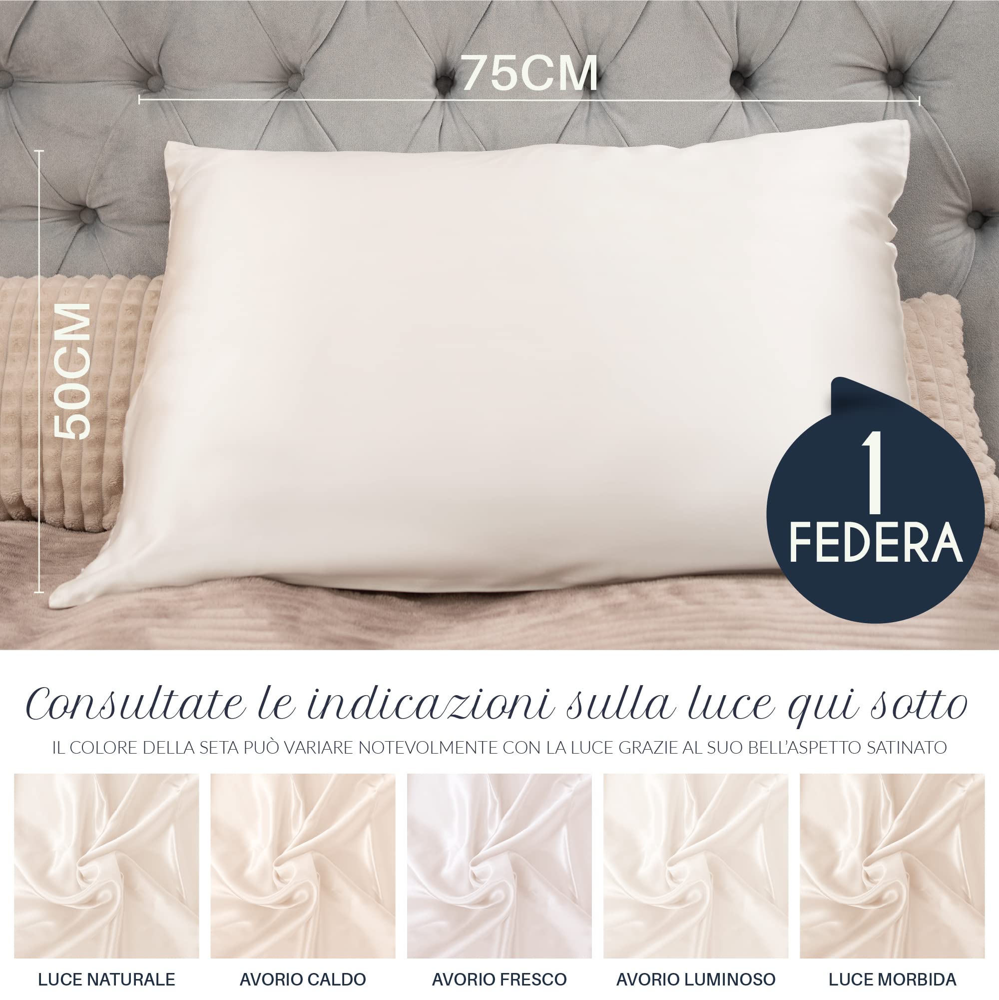 Federa Seta Cuscino 50x75 Dreamzie - 100% Seta Naturale di Gelso 19 Momme - Federe Seta Antiacaro e Ipoallergenico - Ivoire