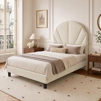 Upholstered Single Bed, 3FT Bed Frame with Adjustable Petal Headboard