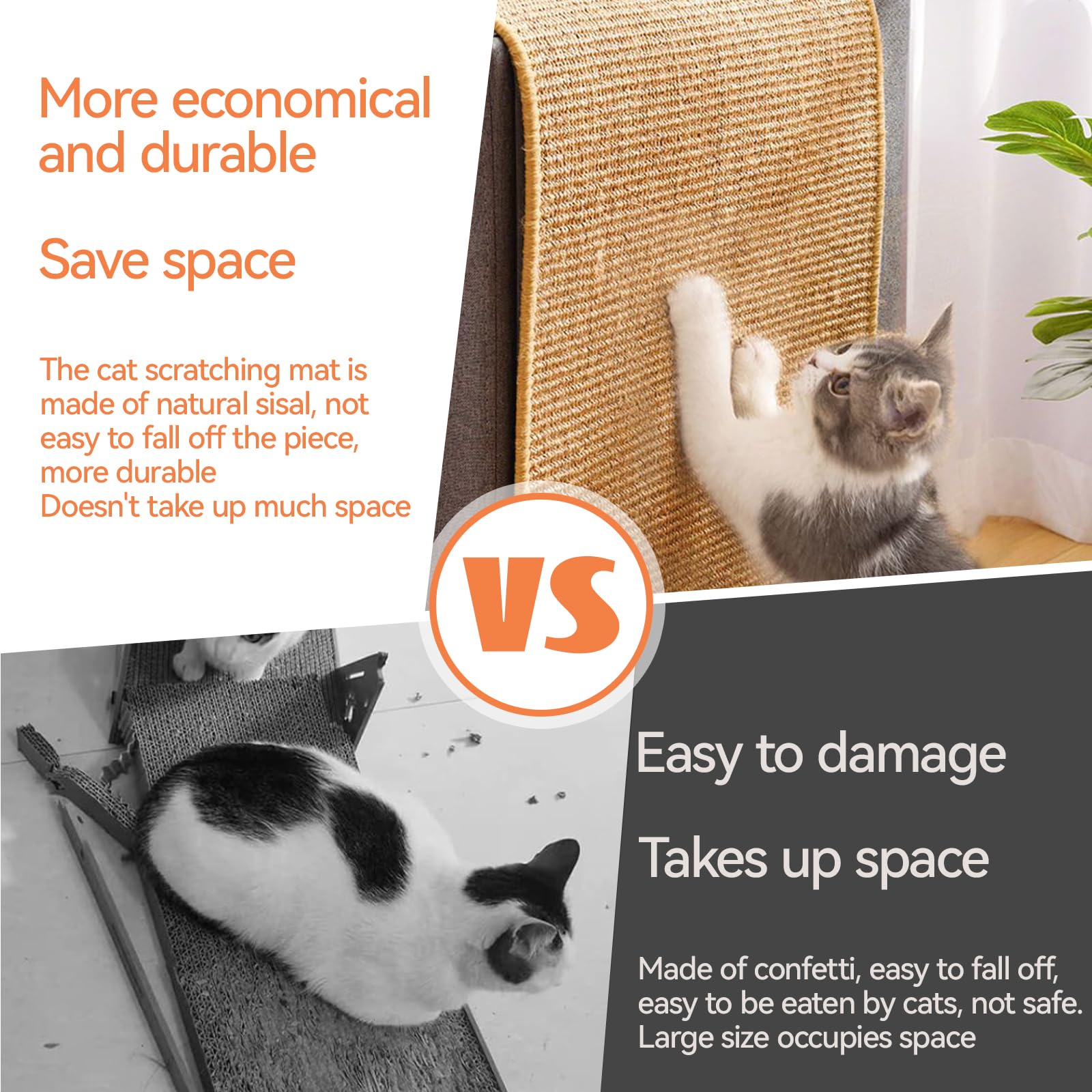 Tappeto Tiragraffi Per Gatti 2 Pezzi - 60x30cm, Sisal Naturale, Base Antiscivolo, Marrone - Foto 5