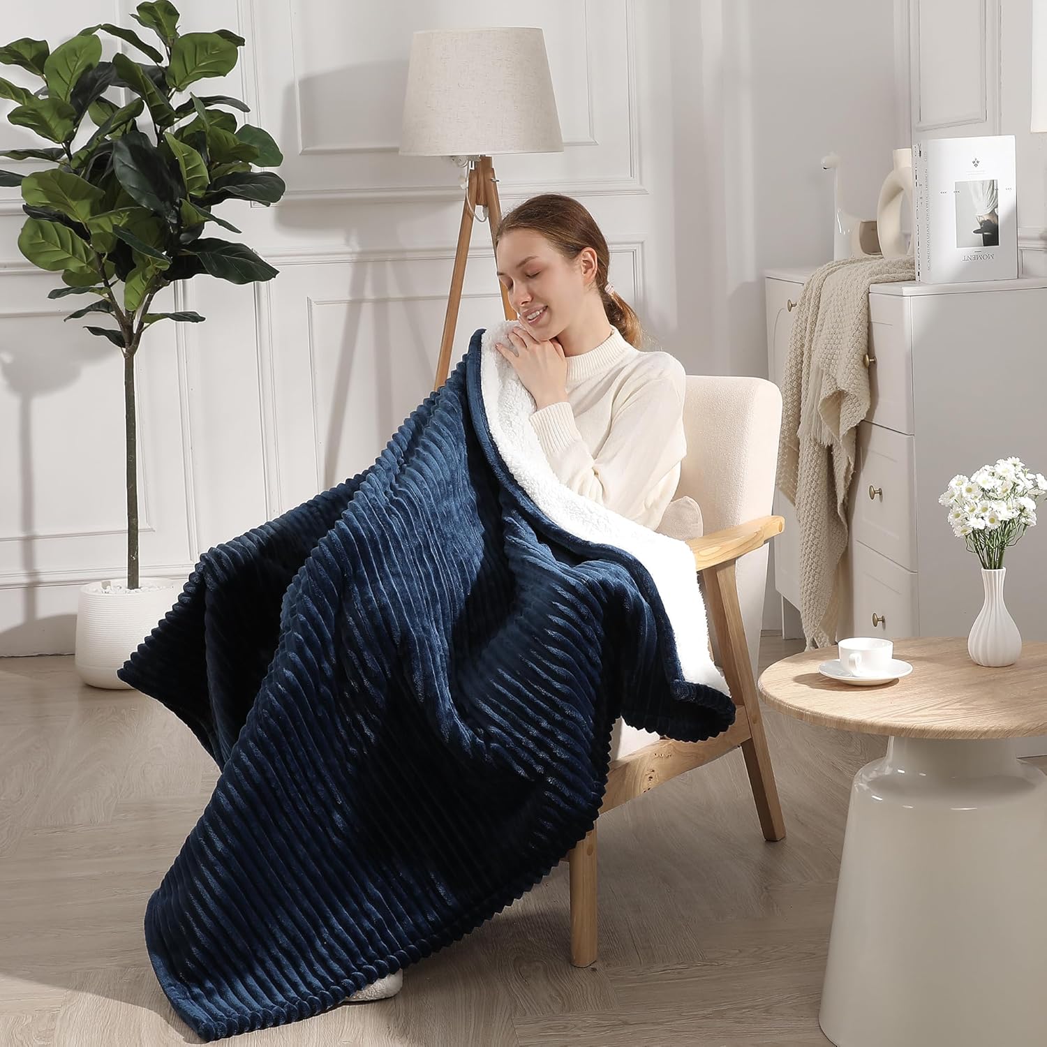 King Size Electric Blanket, Fast Heating Blanket with Dual Controls, 5 Heat Settings, 10-Hour Auto Off, Striped Flannel & Sherpa, FCC/ETL Certified, 90''x100'' Navy Blue - Image 8