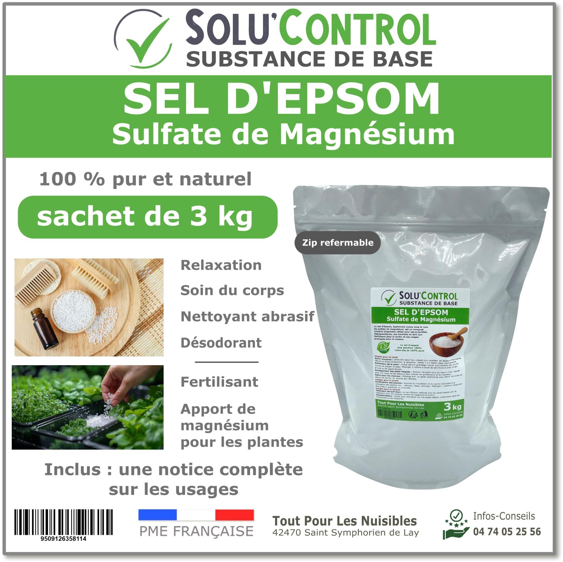 Sel d'Epsom 3 kg - Solu'Control - Sulfate de Magnésium 100% Pur et Naturel - Relaxation, Soin du Corps, Déodorant, Fertilisant et Apport en Magnésium pour Plantes - Sachet avec Zip Refermable
