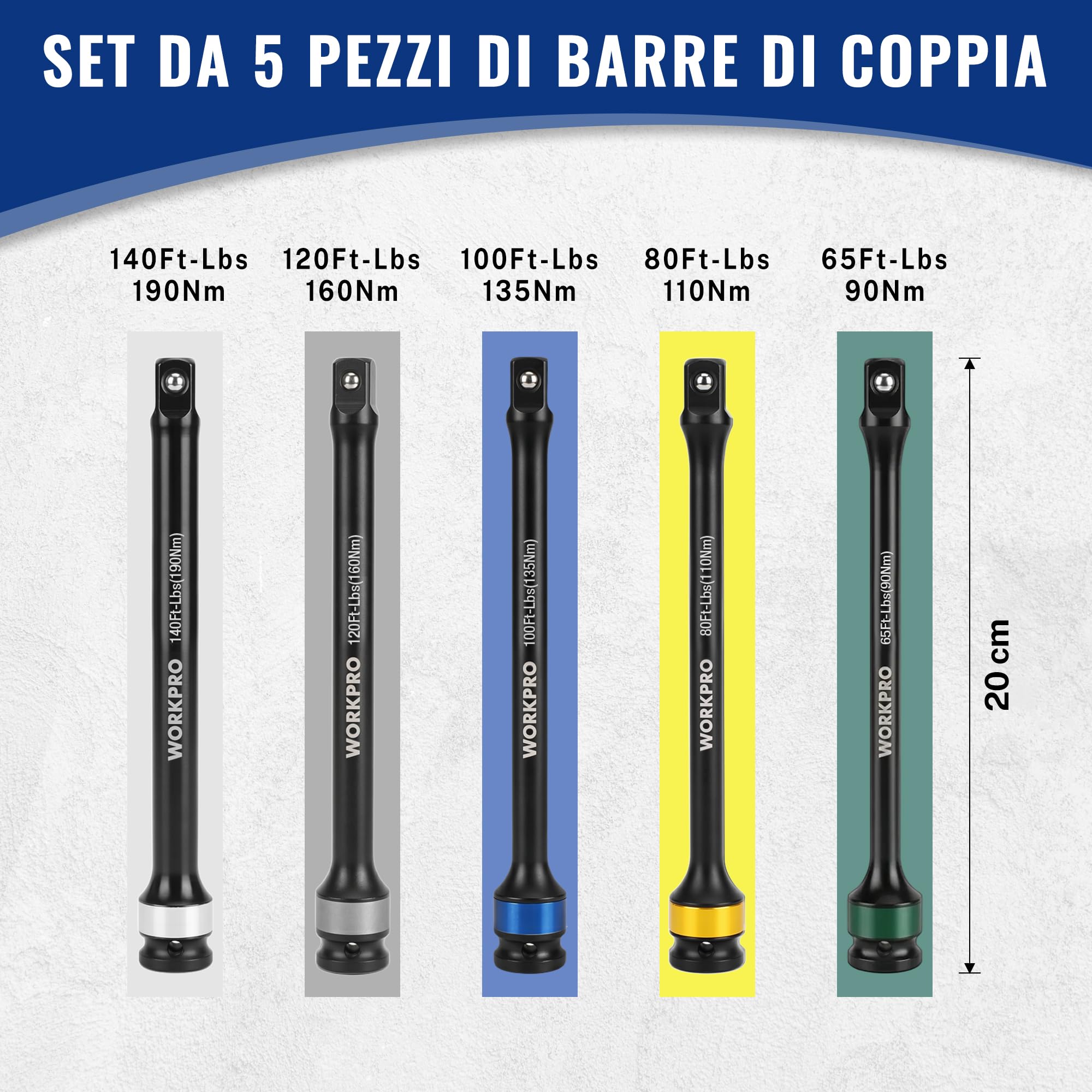 WORKPRO Set 5 Prolunghe per Chiave a Impulso 1/2" con Limitatore di Coppia