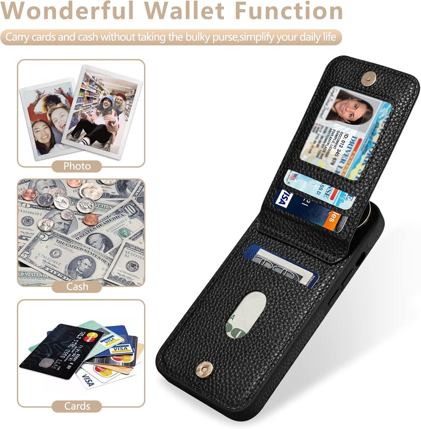 Keallce Case for iPhone 13 6.1'', Detachable Crossbody Wallet Case with RFID Blocking Card Slots, 360?Stand Ring, Flip Leather Protective Cover Lanyard Shoulder Strap Women for iPhone 13 2021 5G,Black - Image 3