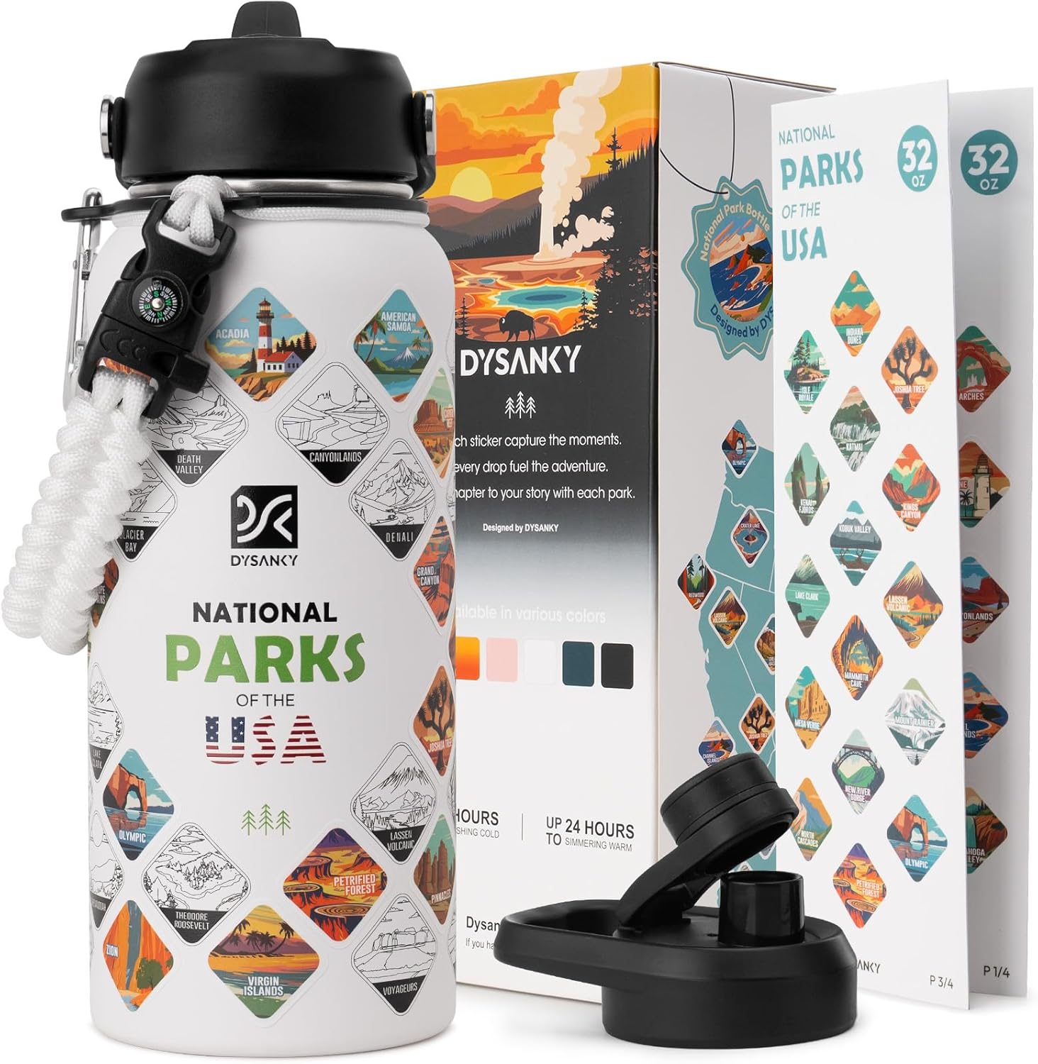 DYSANKY National Parks Water Bottle – 32 oz Insulated Stainless Steel Water Jug with 63 Hand-Drawn Park Stickers, Outdoor Accessories & Gift Box – BPA-Free – Ideal for Hiking, Camping & Travel