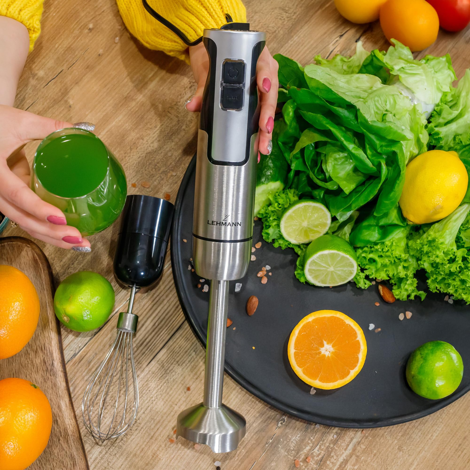 LEHMANN Chopsui Frullatore a Immersione 1200 W - Set 7-in-1-9 Accessori - Misurino da 860 ml - Regolazione Velocità a 8 Livelli - Funzione Turbo - 15000 U/min - Senza BPA - Lama Dorata