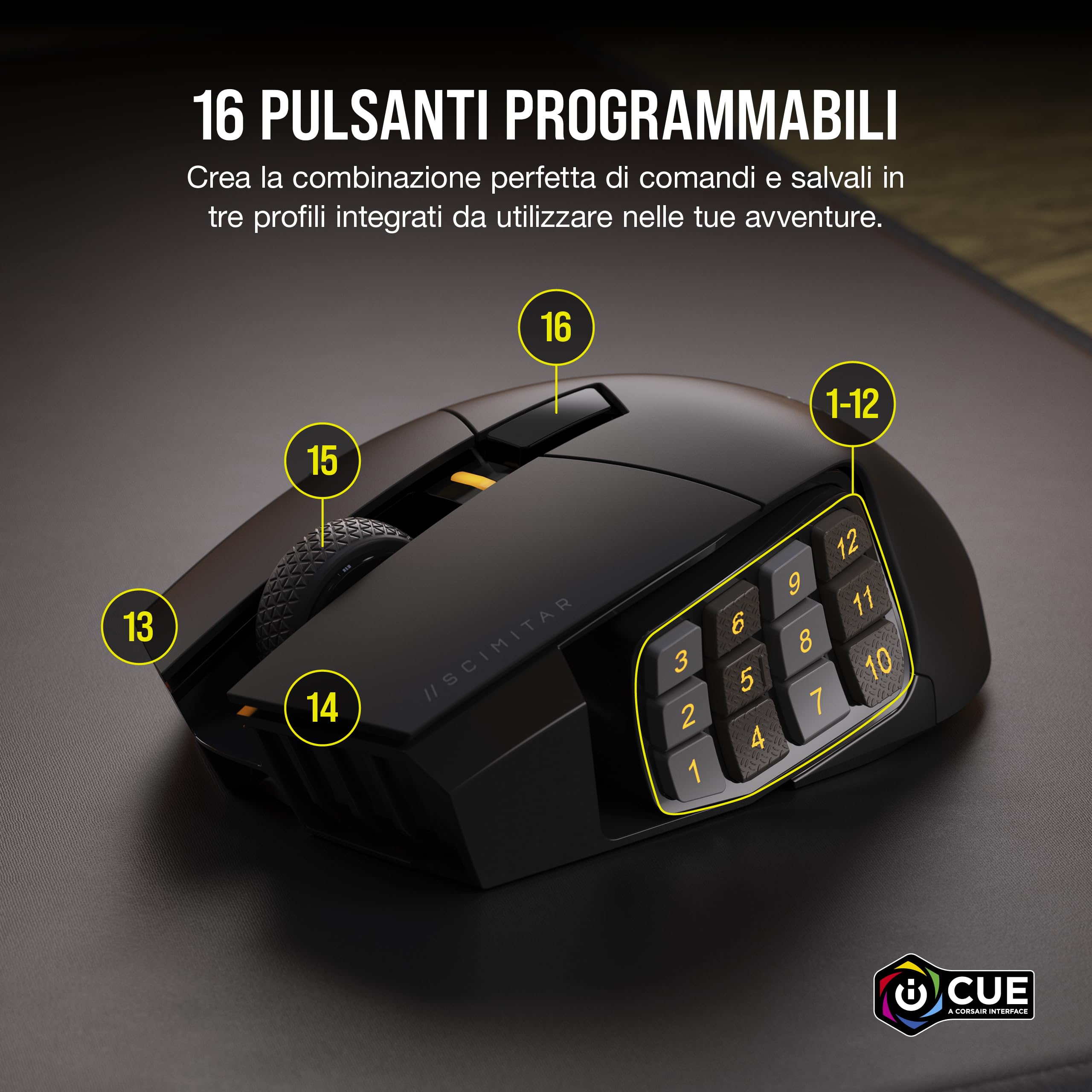 CORSAIR SCIMITAR ELITE WIRELESS MMO Mouse da Gioco - 26.000 DPI - 16 Pulsanti Programmabili - Batteria Fino a 150 ore - Compatibile con iCUE - PC, PS5, PS4, Xbox - Nero