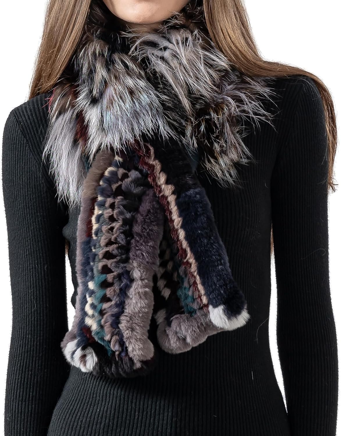 LVCOMEFF Women Real Fox Fur Knitted Rex Rabbit Fur Scarf Furry Neck Warmer with Tassel Outdoor
