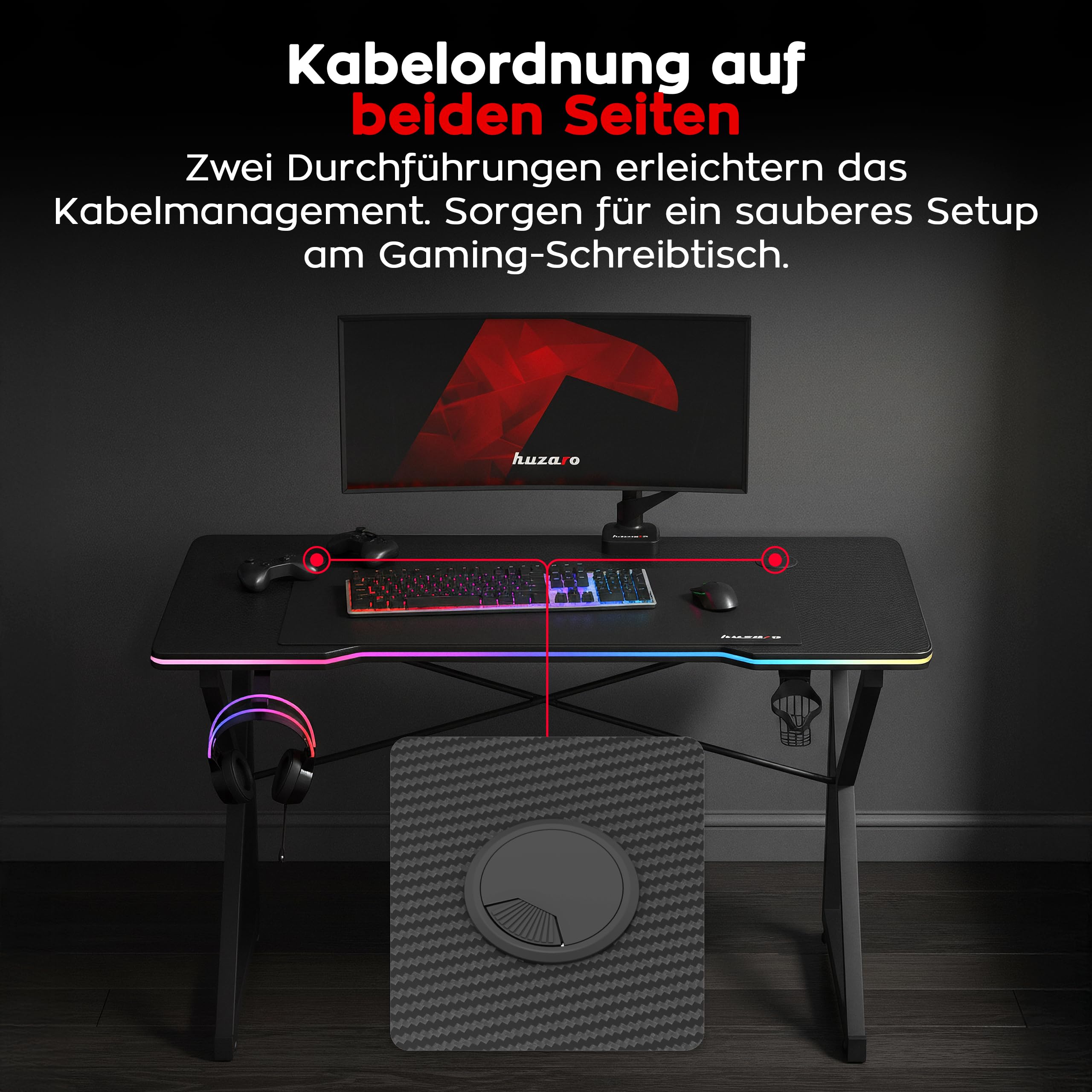 huzaro Hero 1.7 RGB Black, biurko gamingowe z oświetleniem LED, stolik pod komputer, 120 x 60 cm, hak na słuchawki, uchwyt na napoje, powierzchnia z włókna węglowego, przepust kablowy, metalowa