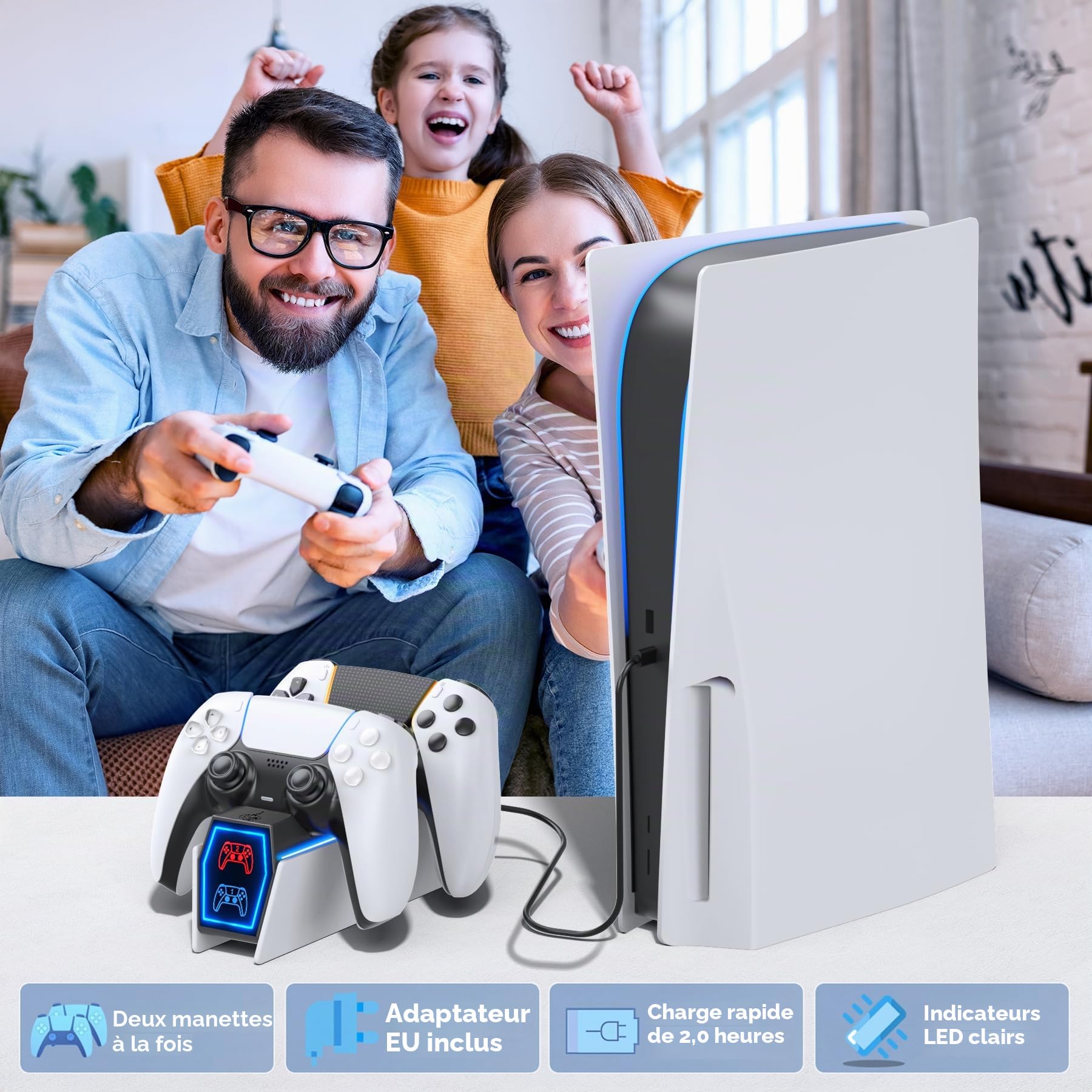 Station de Recharge PS5, Chargeur Manette PS5 pour DualSense PS5&Edge, Dock Manette PS5 avec Indicateur LED et Adapteur, Accessoire PS5 pour Scole PS5