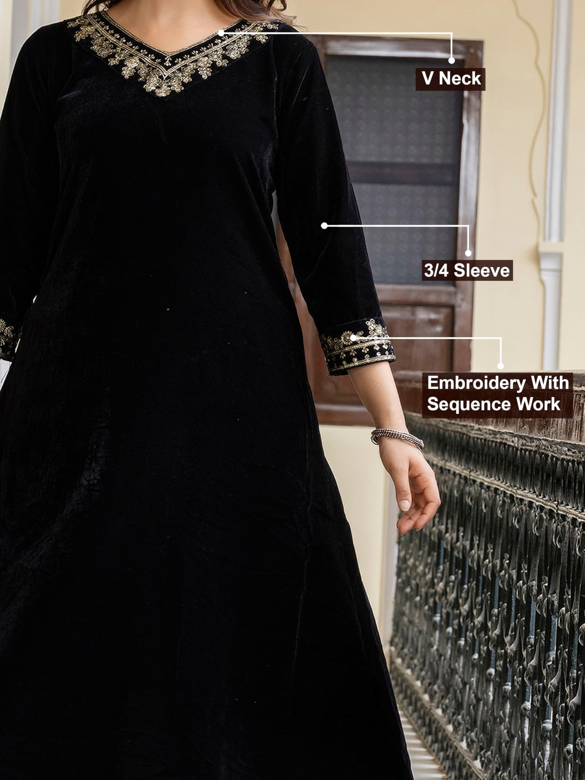 TRENDMALLS Damen Samt Stickerei Salwar Anzug Set A Linie Kurta Hose mit Dupatta Schwarz Kurta Set für Frauen