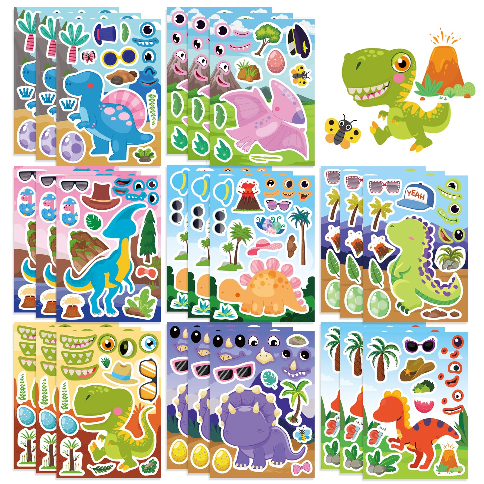 24 Sheets Dinosaur Sticker for Kids, Make Your Own Dinosaur Sticker Sheets Boy Girl Toddlers, Party Favors Supplies Art Craft, Birthday Gift, Teacher