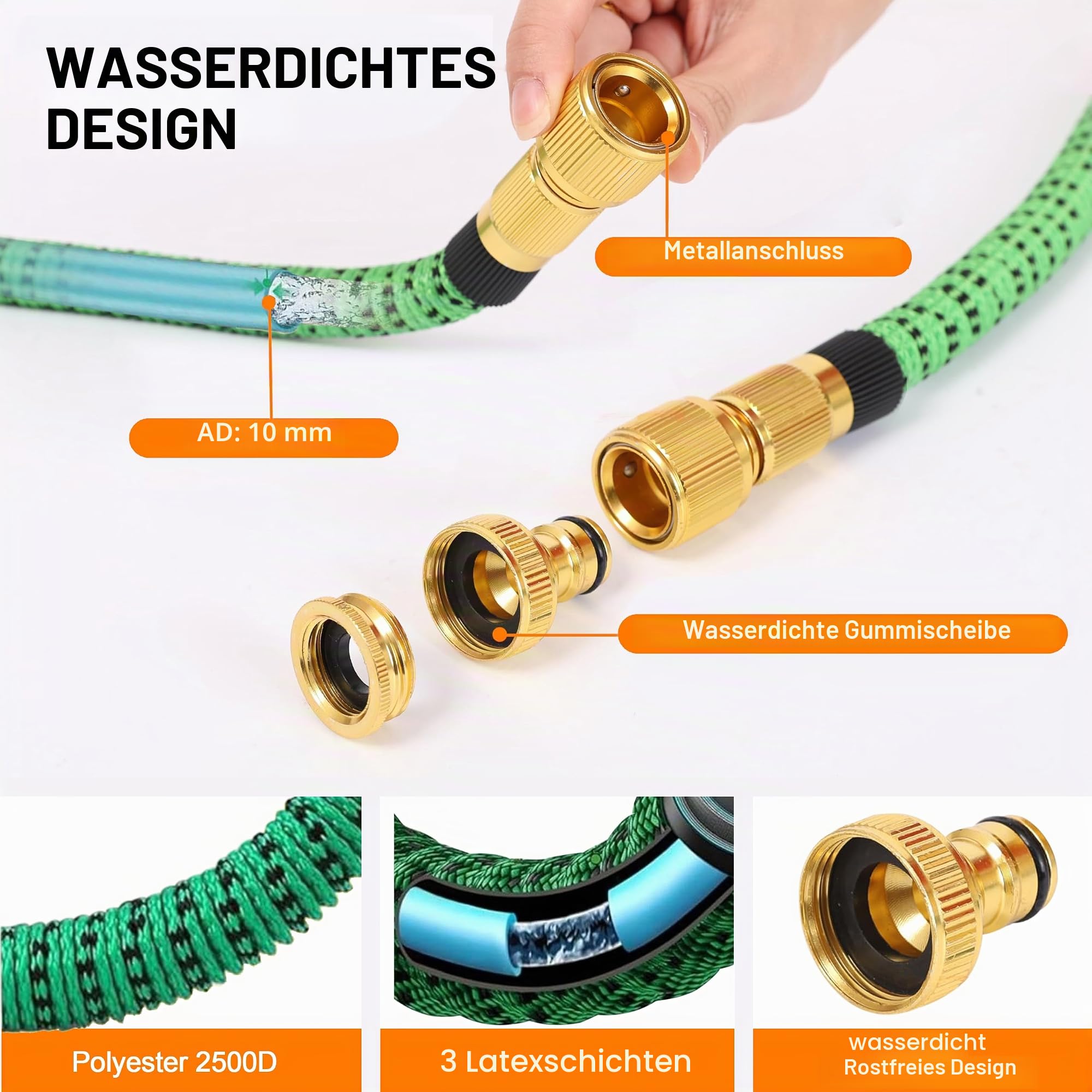 Flexibler Gartenschlauch 45m, 10 Funktionen, selbsteinziehend | Hochdicht gewebtes TPE, dichter Metallanschluss und 6-in-1 Zubehörset mit Handschuhen für Garten und Terrasse