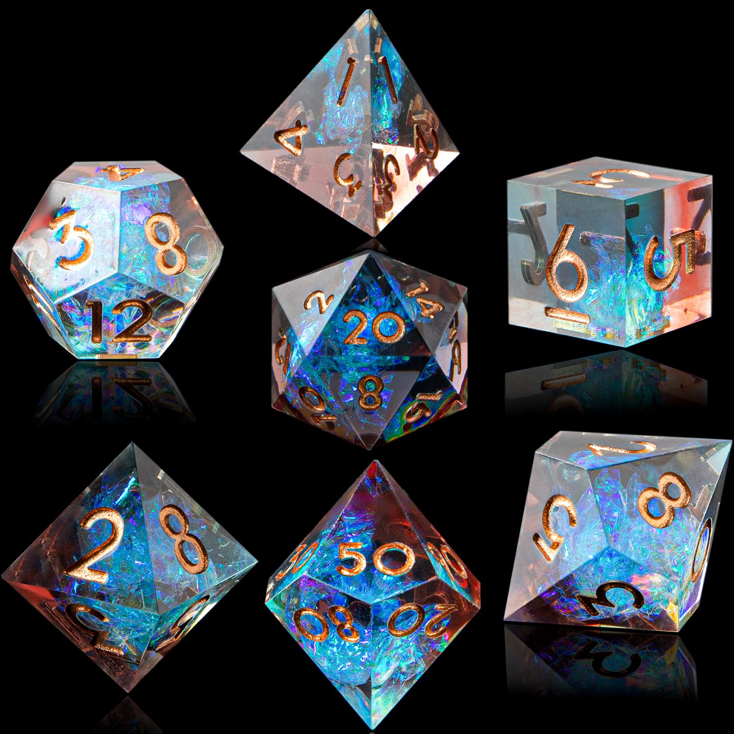 DND – Jeu de dés polyédriques en résine à bords tranchants avec étui à dés, faits à la main, 7 accessoires pour jeux de rôle Donjons et Dragons, dés D&D (bleu marron)