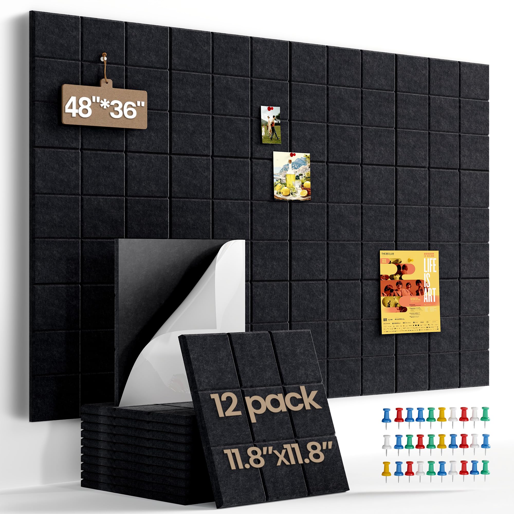 Uoisaiko Large Cork Board Felt Board Tiles for Walls with 60 Push Pins, 11.8"x11.8" Pack of 12 Pin Board Notice Boards for Home Office Kitchen,
