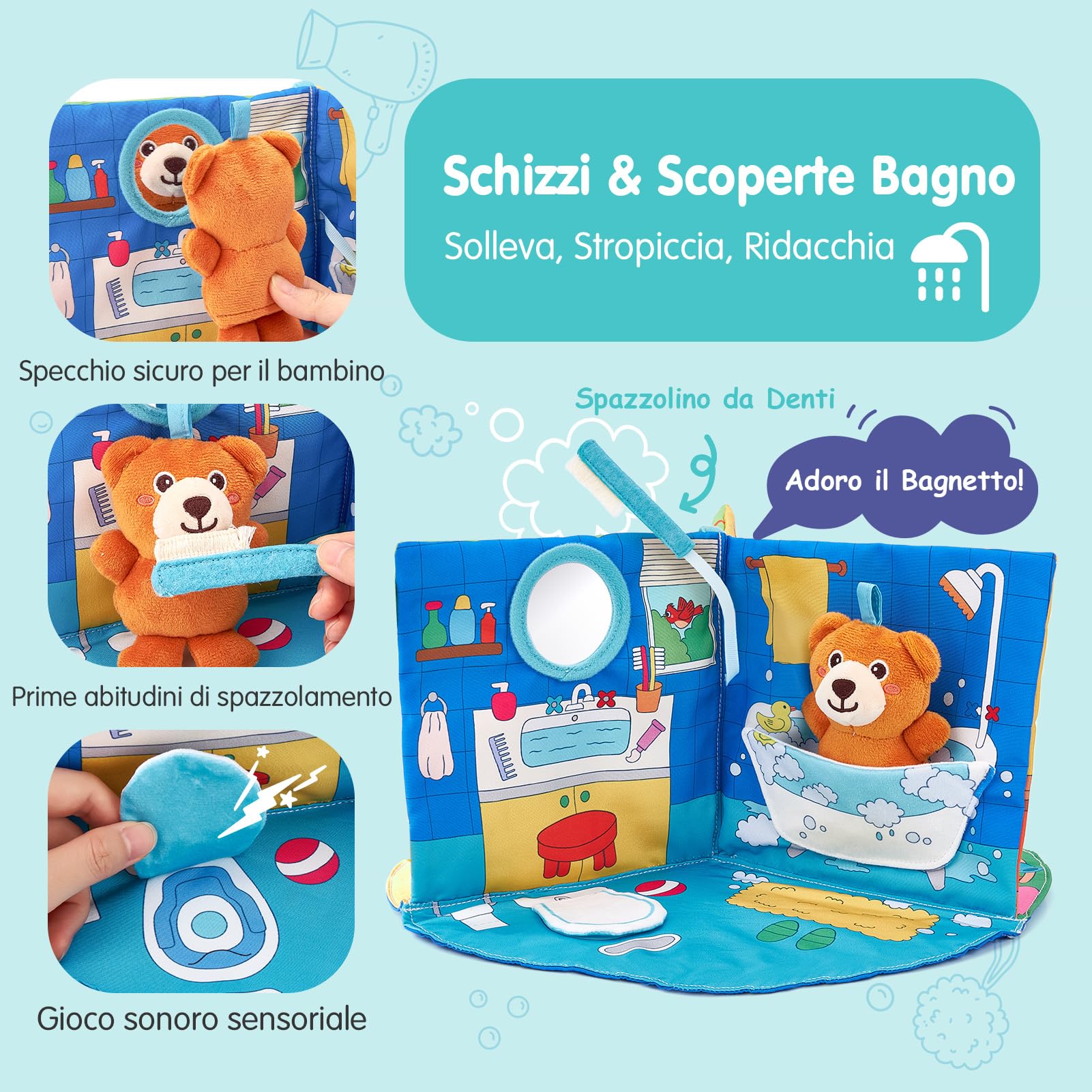 hahaland Libro Sensoriale Neonati 6-12 Mesi, 3 in 1 Morbidi Libro Montessori Interattivo con Specchio & Orsetti Rimovibili, Libri di Stoffa Giochi Tummy Time Neonato Giocattol 3 6 9 12 Mesi