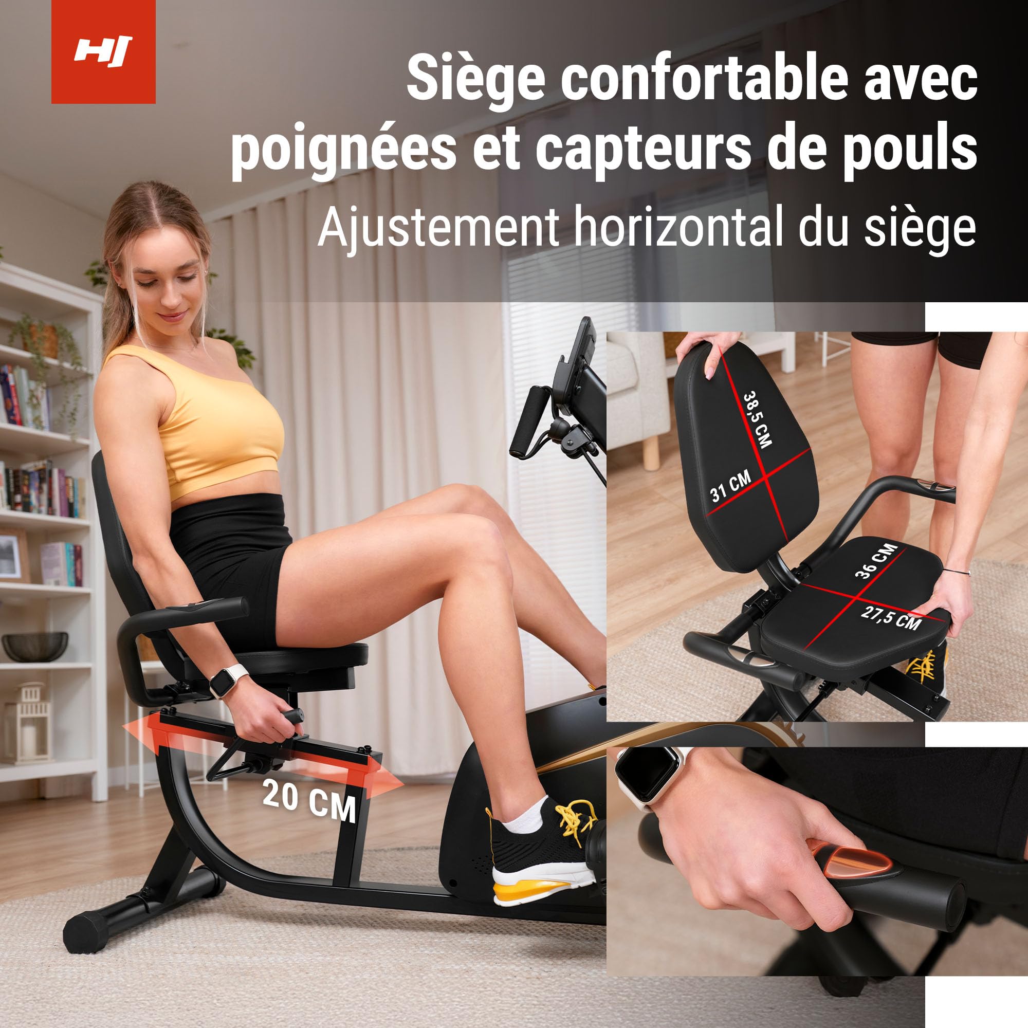 HOP-SPORT Vélo d'Appartement Semi-allongé Volt HS-045L, Résistance Magnétique 10 Niveaux, Max 110 kg