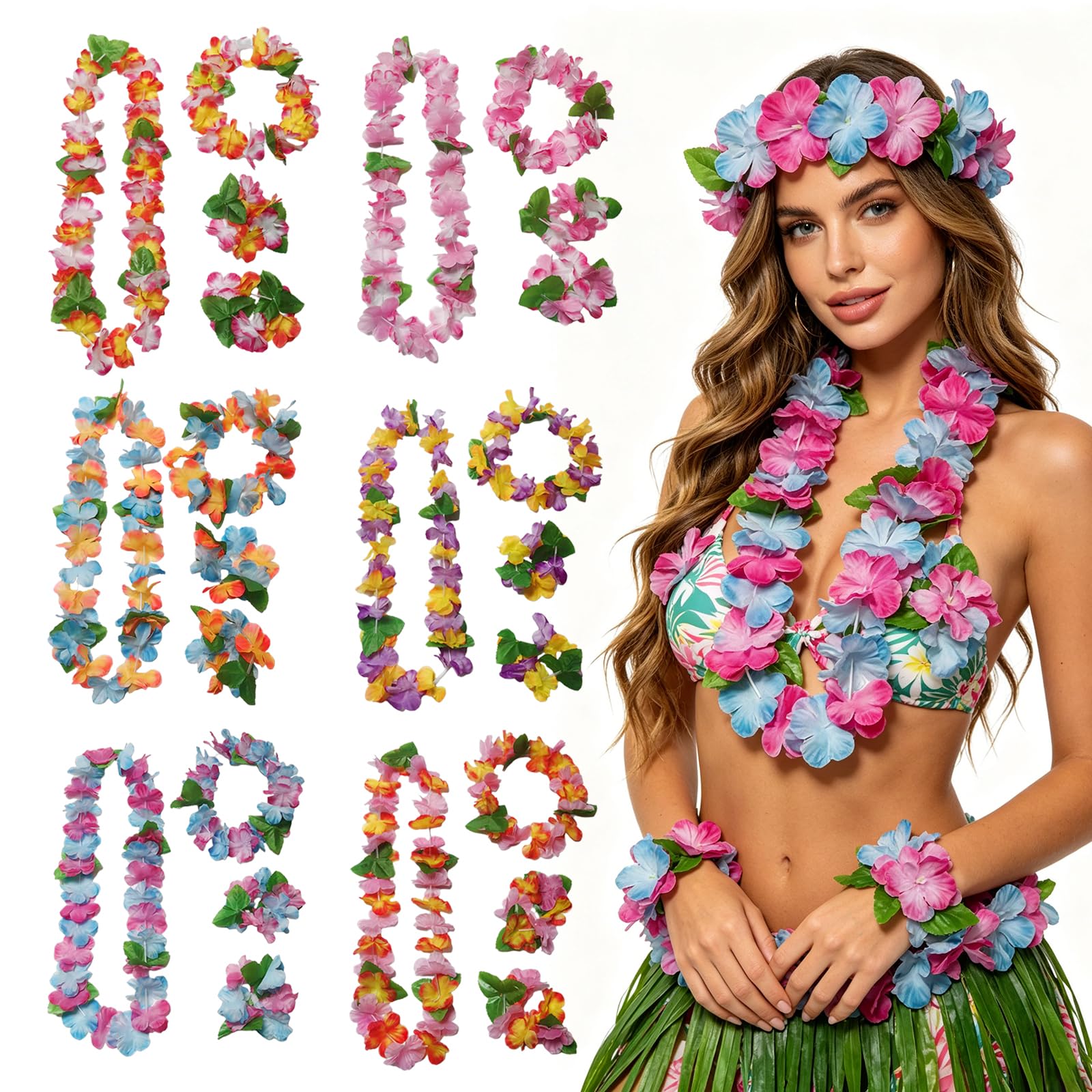 FOSDICK 24 Pieces Hawaiian Garland, Hawaiian Fancy Dress Lei Set, Hawaiian Flower Necklace Headbands and Bracelets, Flower Necklace Hawaii for Adults, Tropical Party Decorations for Bar Beach Holiday