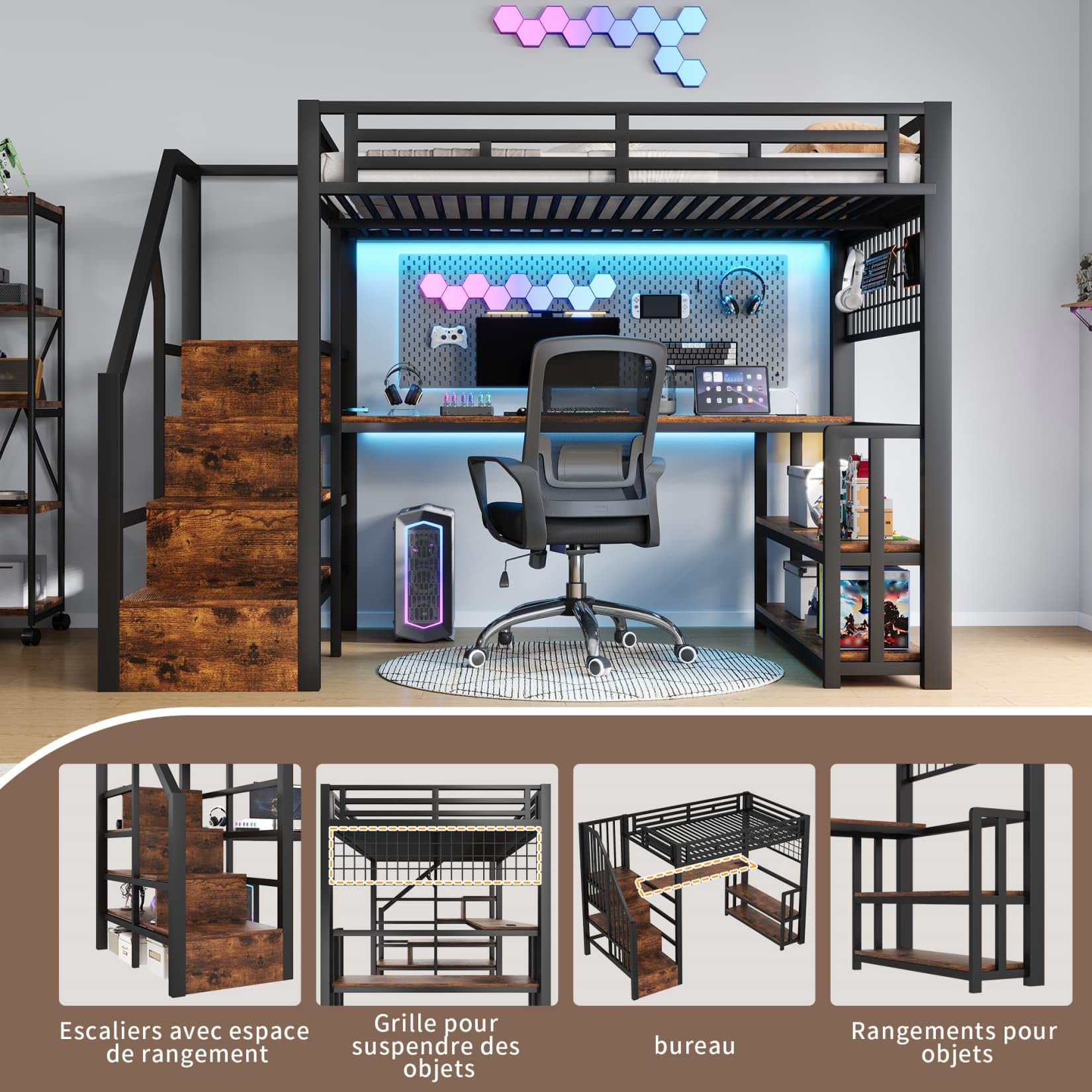 EURHCIO Lit Mezzanine 2 Places 140x200cm,Lit 2 Personnes avec Bureau,Éclairage LED Réglable,Ports USB,Organiseur en Treillis,Étagères Ouvertes,Étagères de Rangement,pour Ados (Noir, 140x200)