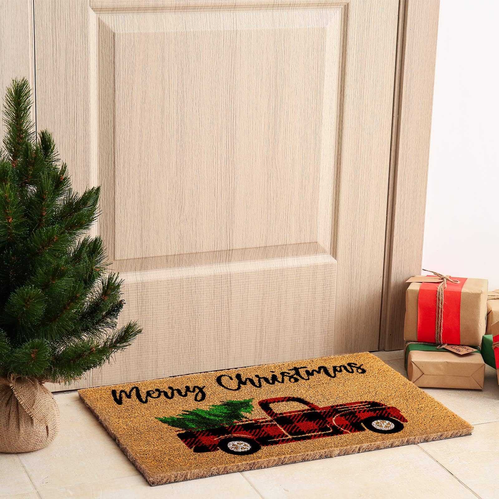 Whaline Paillasson de Noël en fibre de coco naturelle - Motif à carreaux rouges et noirs - Antidérapant - Pour intérieur et extérieur - 41,9 x 73,7 cm
