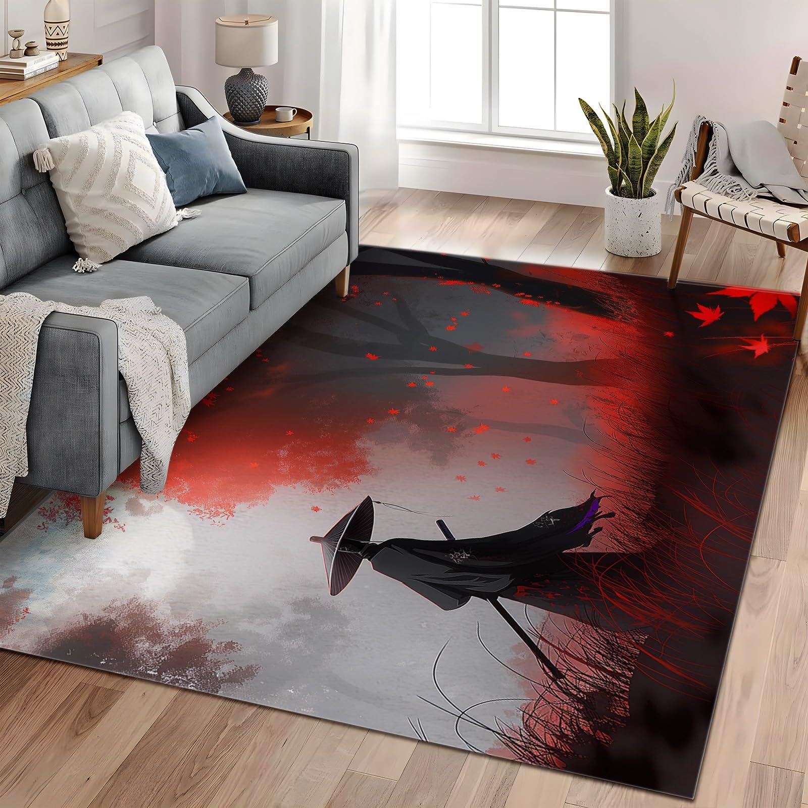 Tapis Chambre Anime Samouraï Arbre Rouge 80x150 cm Tapis de Salon Style Moderne Tapis Salon Doux à Poils Courts Tapis Antidérapant Intérieur Moelleux pour Salon Chambre