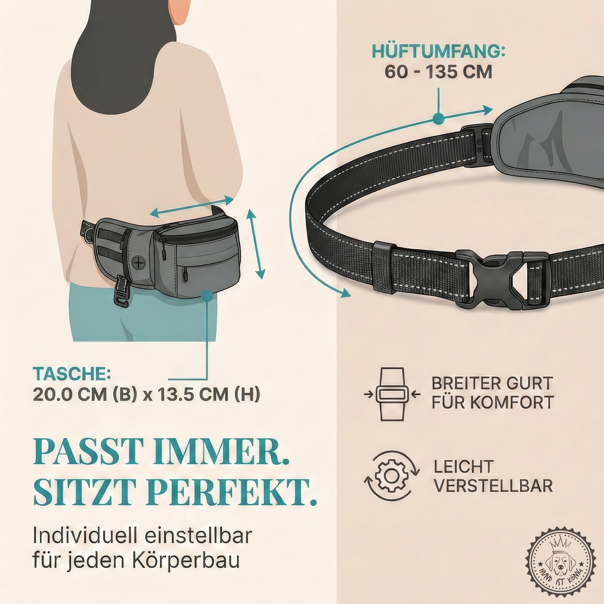 HUND IST KÖNIG Borsa per cani e accessori per cani – Robusto marsupio per cani – Borsa per cibo per cani con dispenser per sacchetti, scomparto per cellulare e tracolla per cavi flessibili