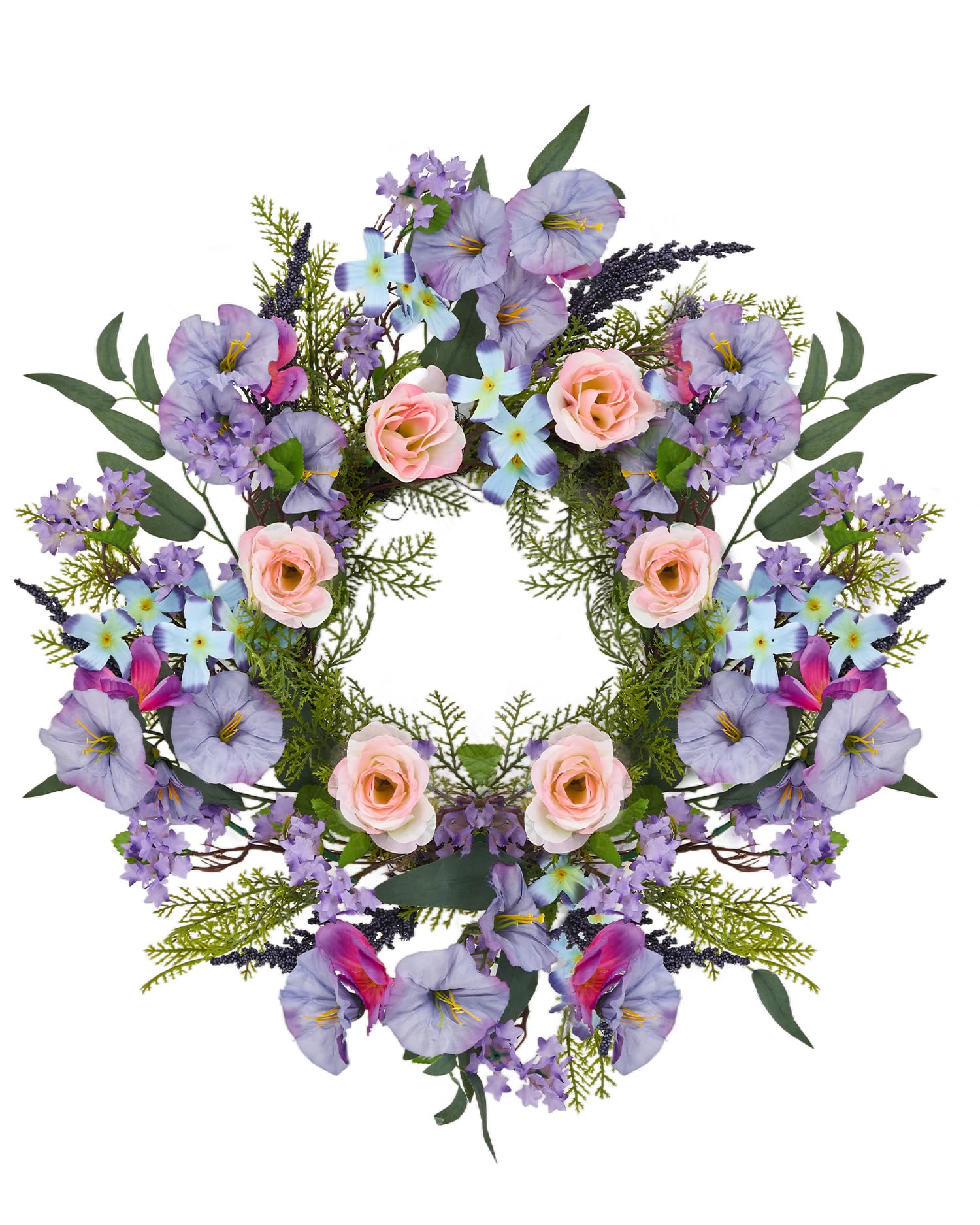 20 Inch Artificial Trumpet Rose Wreath – Purple & Pink Spring Summer Fall Winter Door Decor – PVC+PE Farmhouse Wall Wreath for Indoor Outdoor Use – Lifelike Floral Design