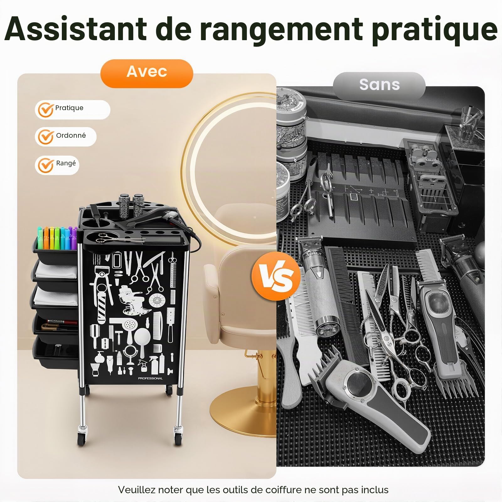 Chariot de Coiffure Professionnel, Chariot de Salon de beauté, Tablette Coiffure a Roulette, avec 5 tiroirs et roulettes, Plateau Extensible