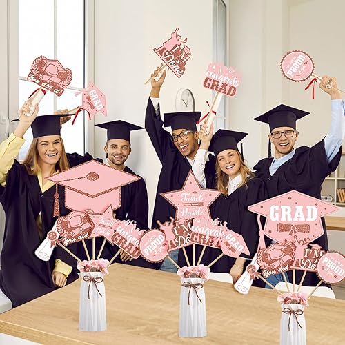 Miniatura 5 de Crtiin 32 piezas de decoraciones de fiesta de graduación, centros de mesa de graduación con 32 palos de bambú y 80 calcomanías, suministros de