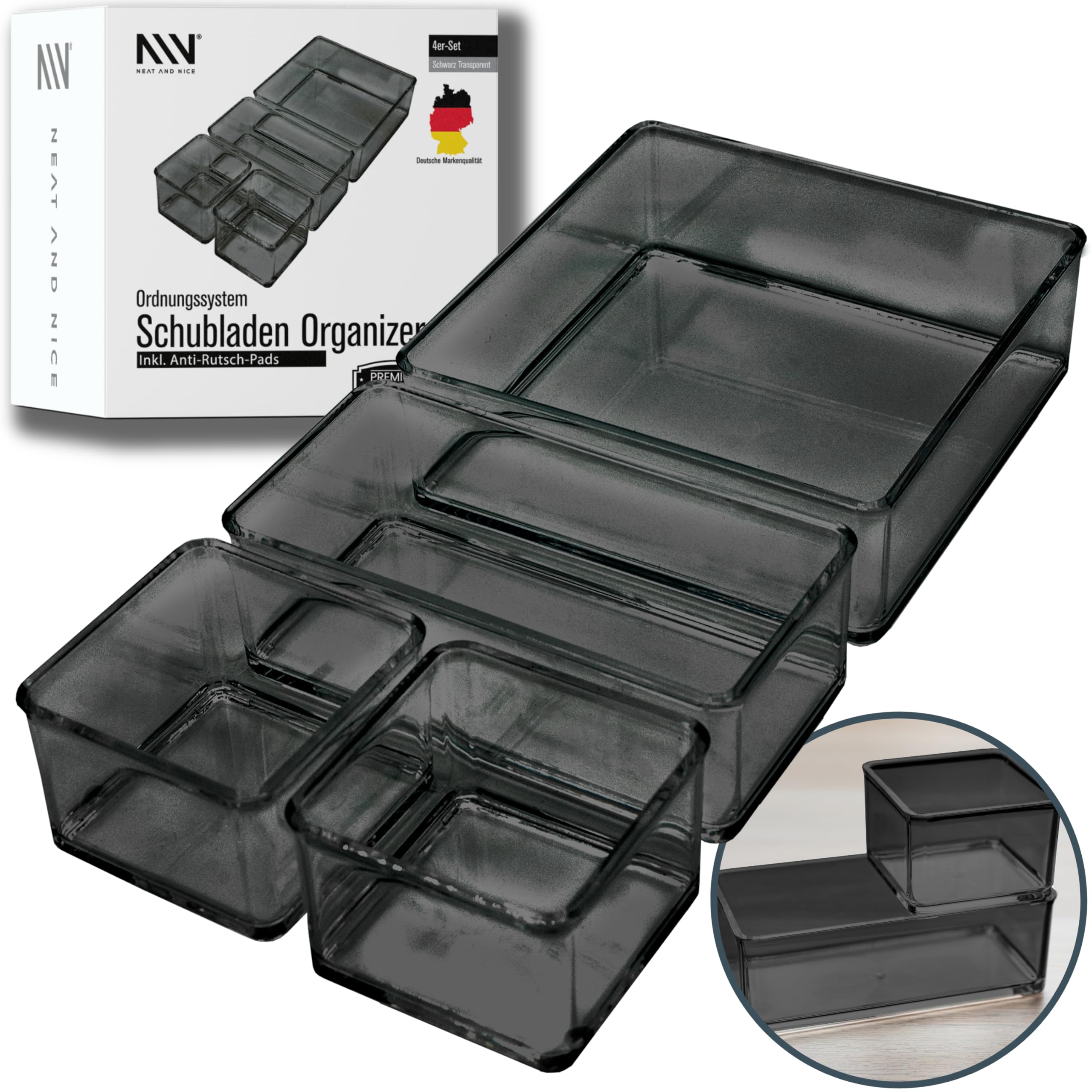 MAIJIAJU 5-delige lade-organizer, 5 cm hoog, bamboe, make-uptafel, make-uporganizerbox, meerdere maten, bestekdoos, opbergdozen, sorteerdoos voor kantoor, keuken, badkamer (zwart